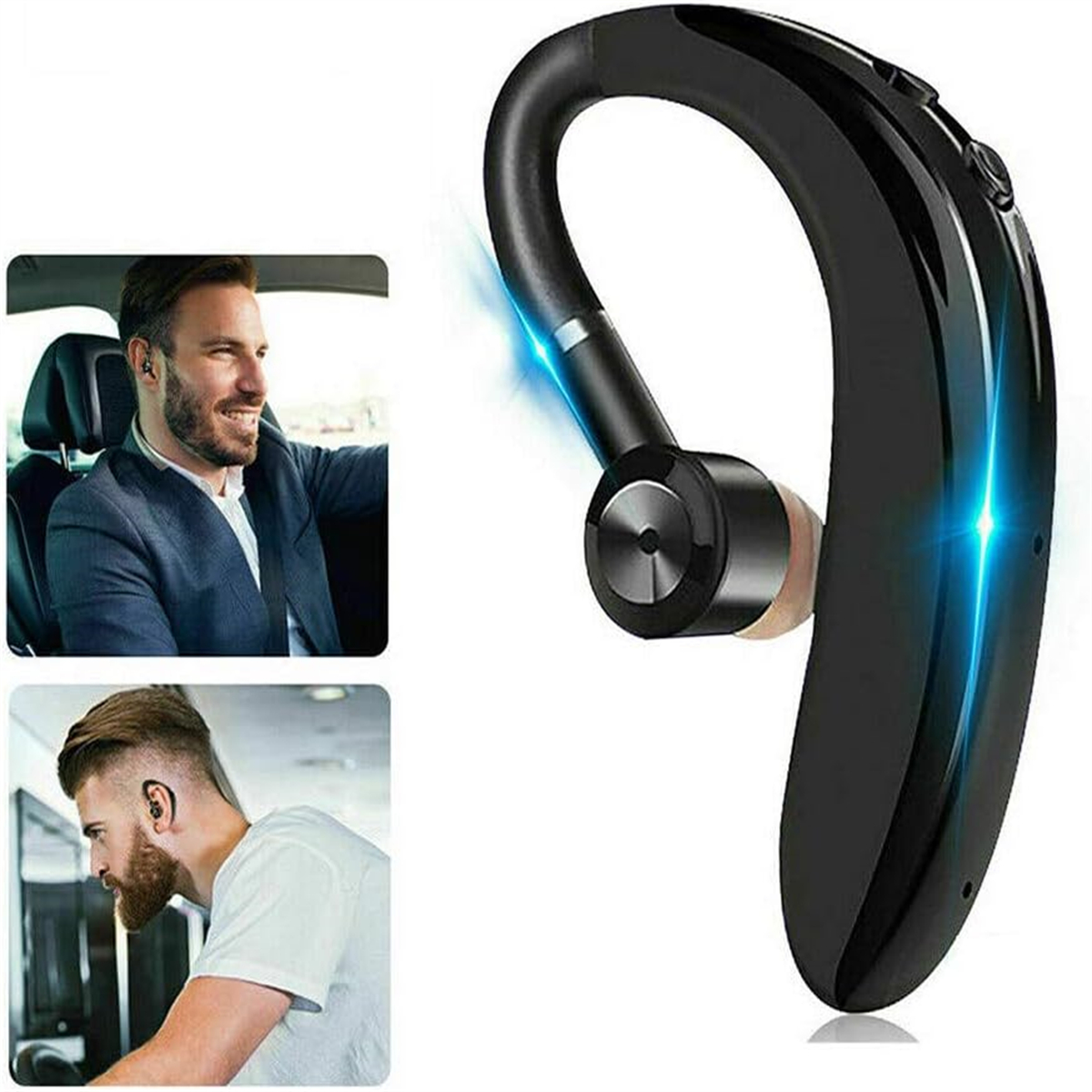 Ein schwarzes Bluetooth-Headset, mit einem Mann im Auto und einem anderen Mann, der es trägt.