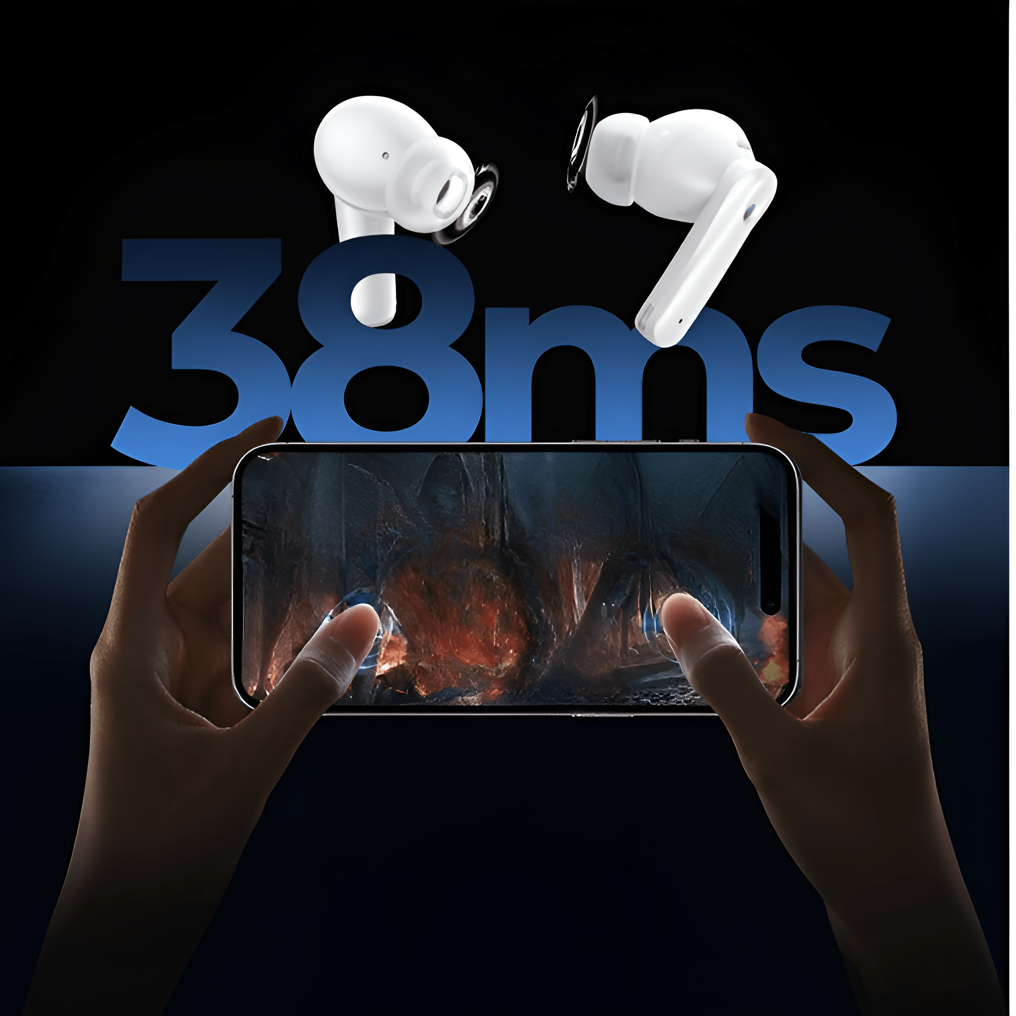 Hände halten ein Telefon mit einer Spielszene, weiße Ohrhörer und die Zahl 38ms im Hintergrund.