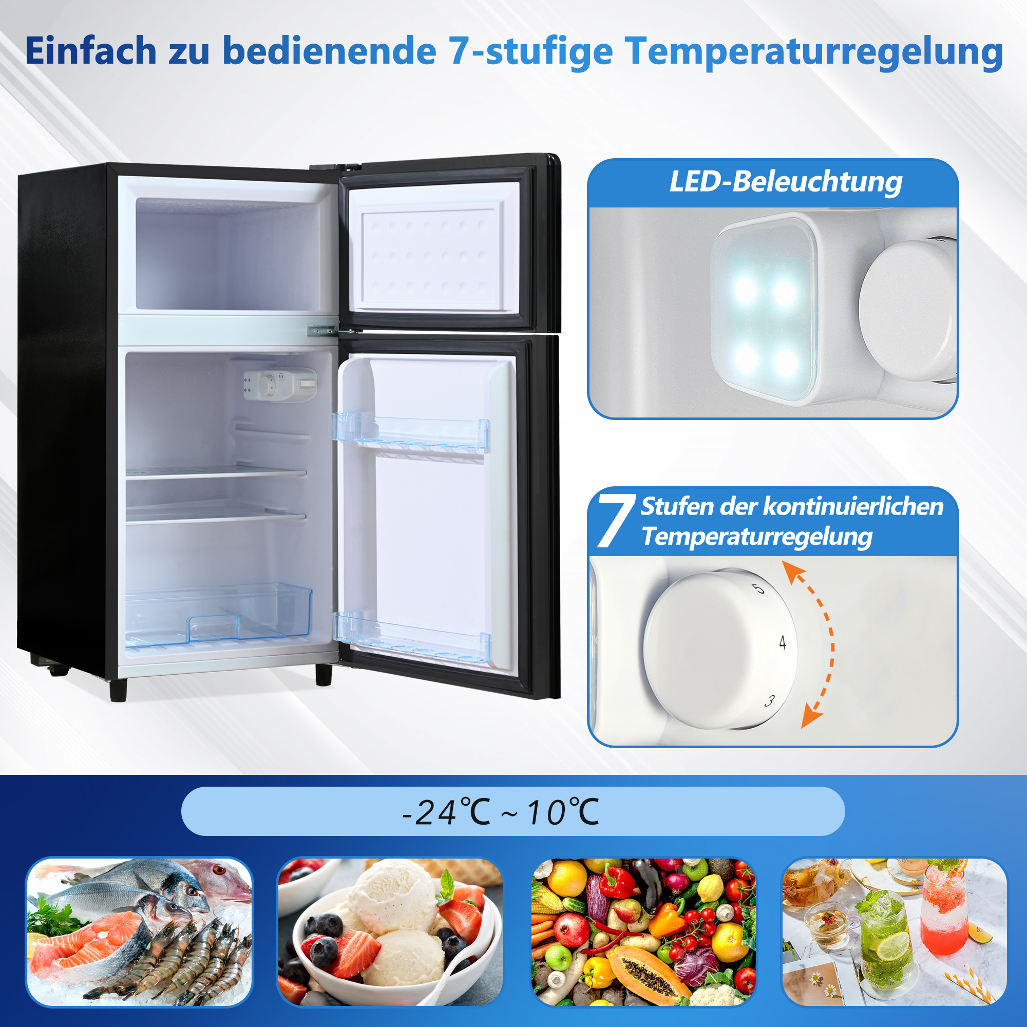 Ein schwarz-weißer Kühlschrank mit offener Tür, der Lebensmittel und Temperaturregelung zeigt.
