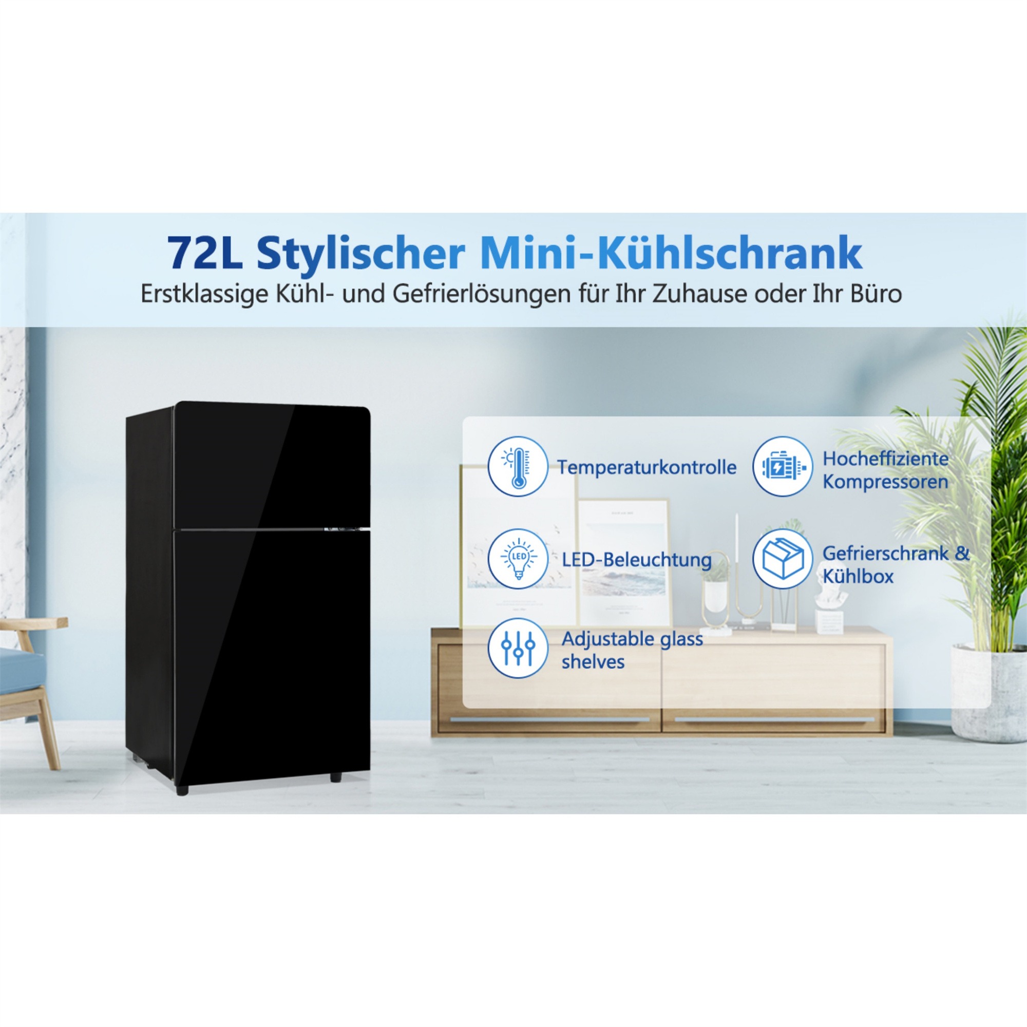 Schwarzer Kühlschrank mit Text, Symbolen. Text: 72L Mini-Kühlschrank, energieeffiziente Kompressoren, verstellbare Regale.