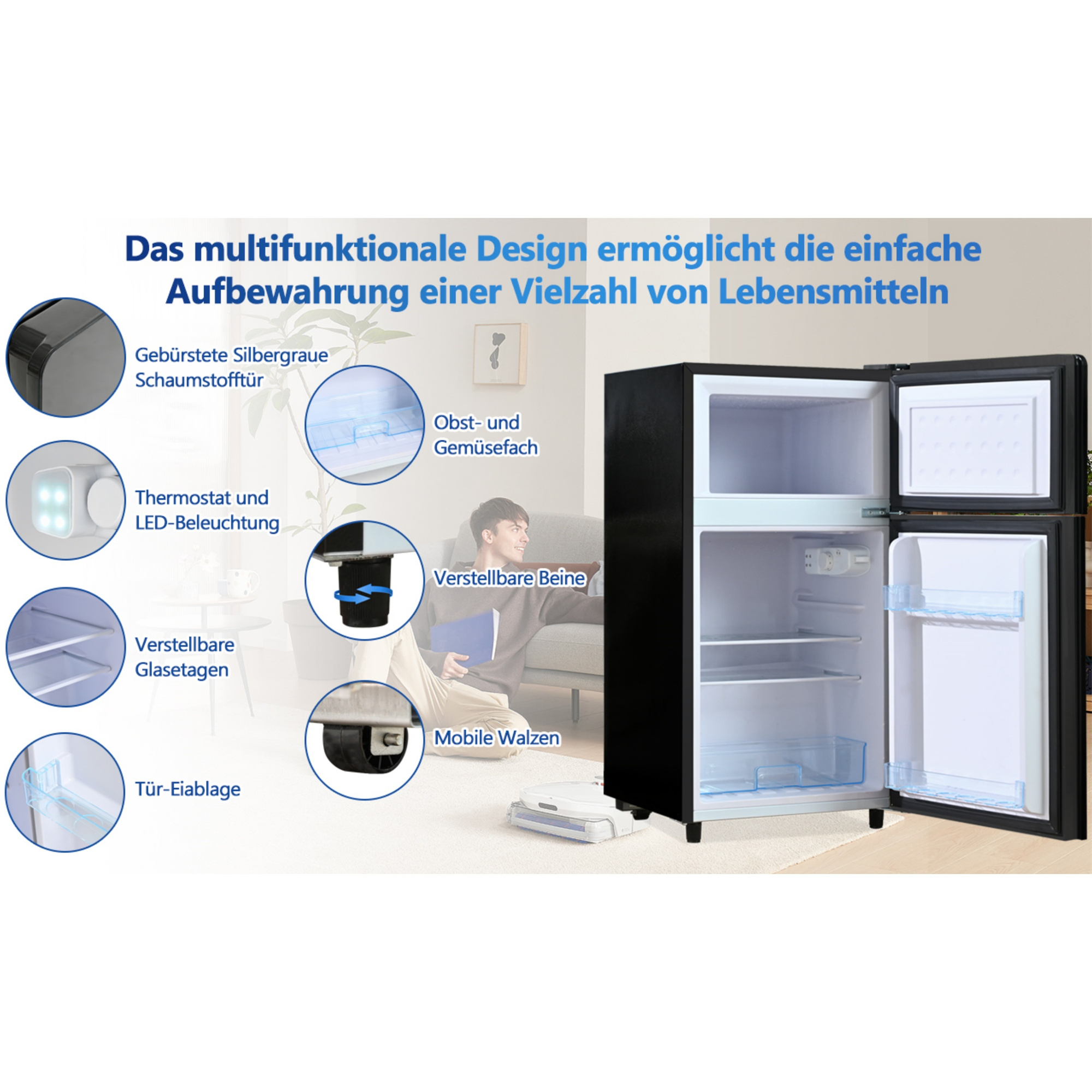 Ein schwarzer Kühlschrank mit Gefrierfach. Er zeigt Funktionen wie Regale und ein Gemüsefach.