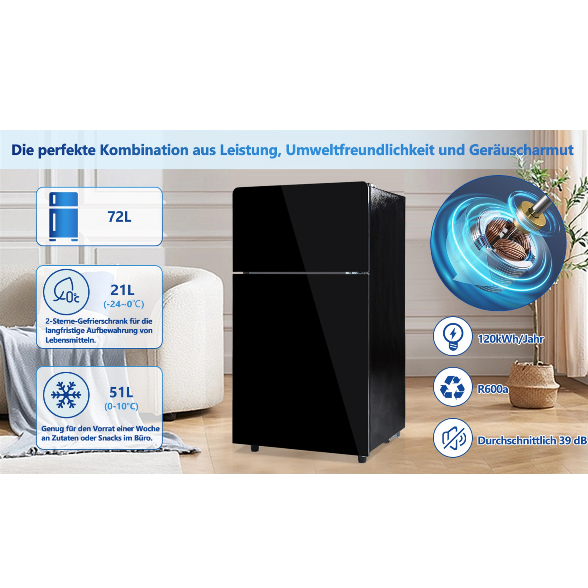 Ein schwarzer Kühlschrank mit Etiketten und Infos. Er steht in einem Raum mit Sofa.