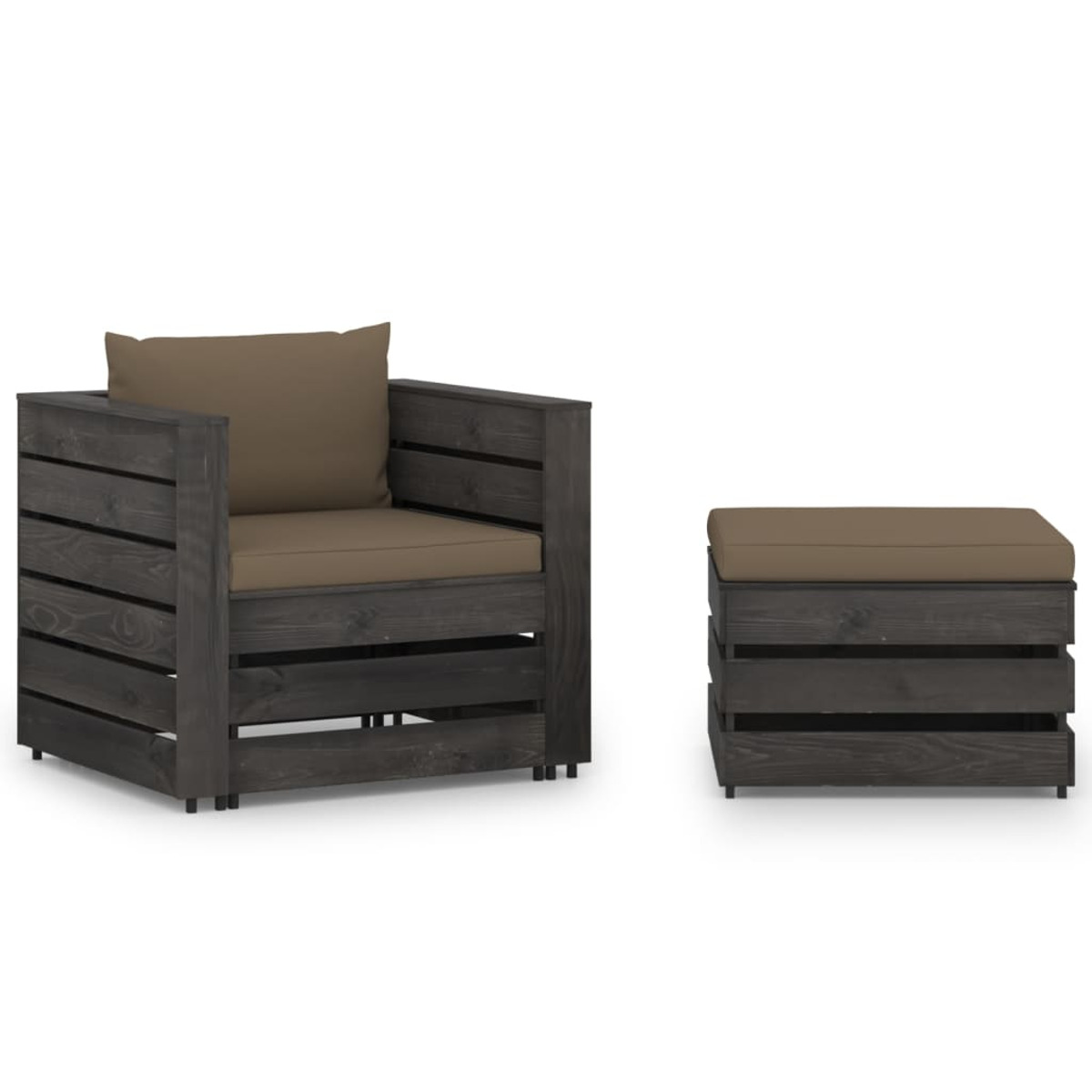 Un set di sedia e pouf in legno grigio scuro con cuscini marroni su sfondo bianco.
