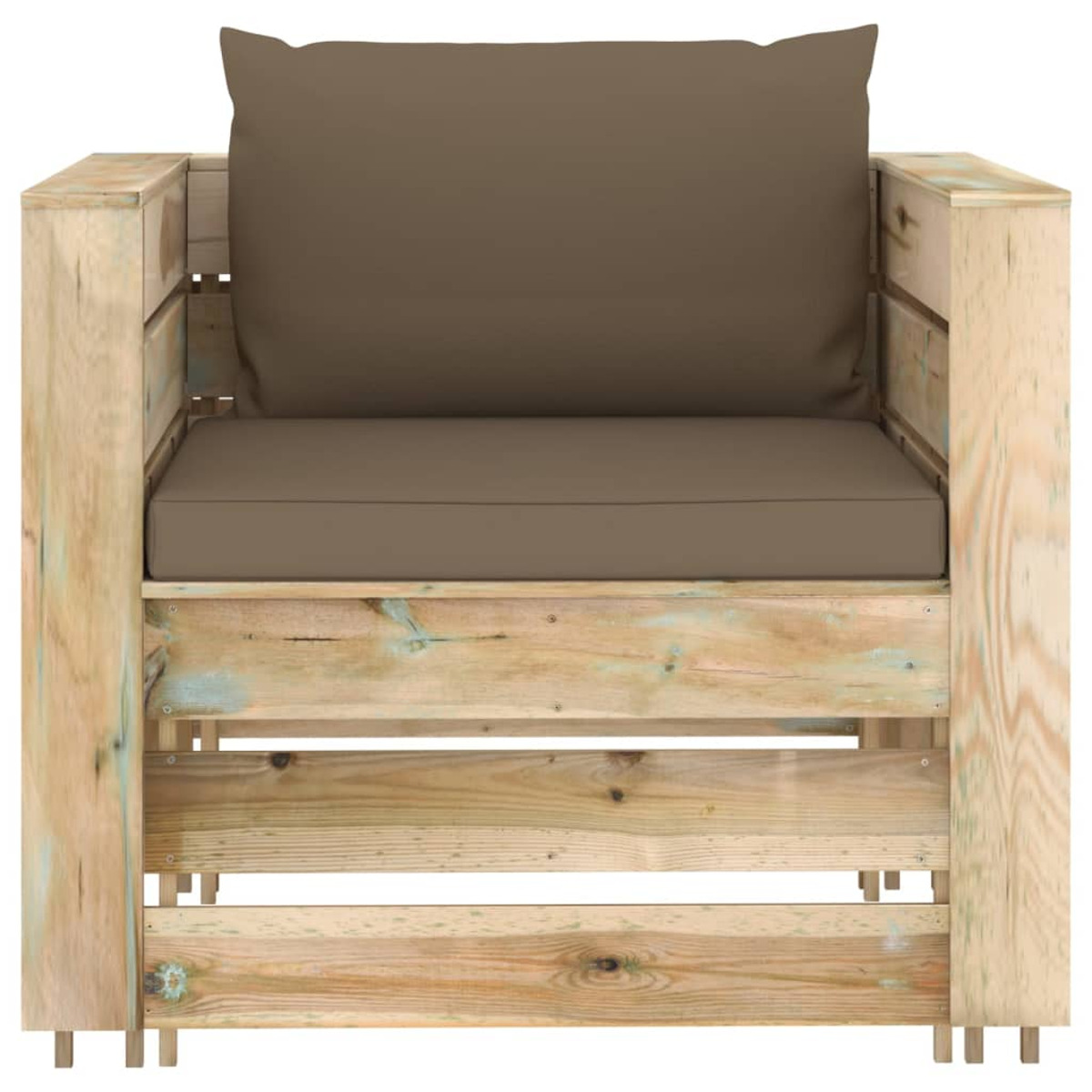 Poltrona in pallet di legno con cuscino e cuscino marrone su sfondo bianco.