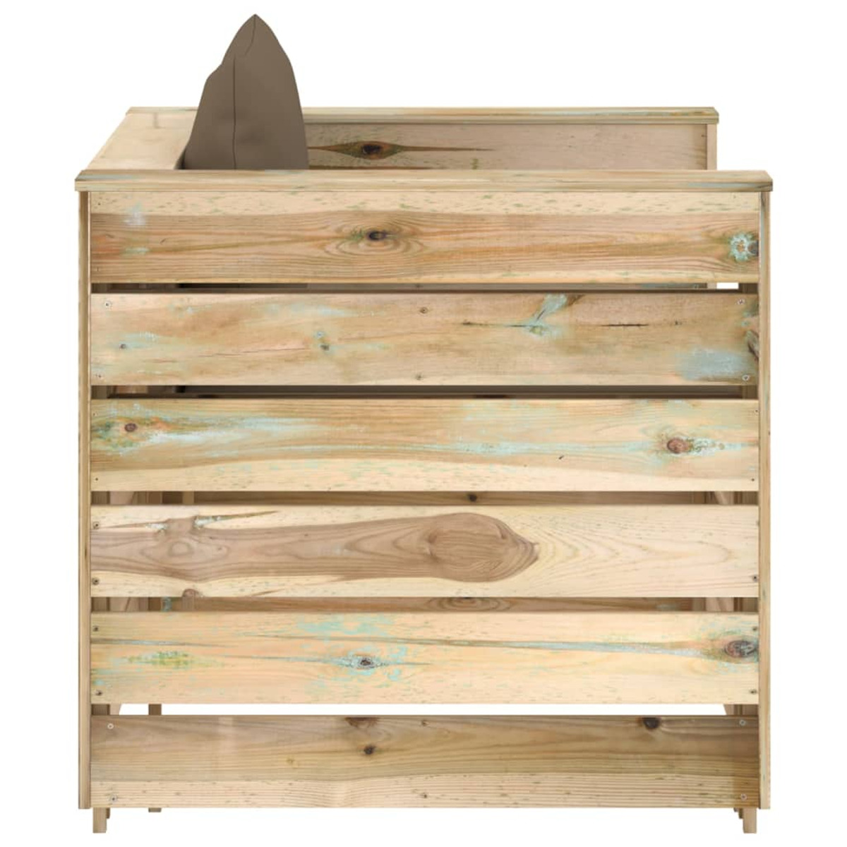 Una scatola di legno con un cuscino marrone all'interno. La scatola è fatta di doghe di legno. Il colore è verde chiaro.
