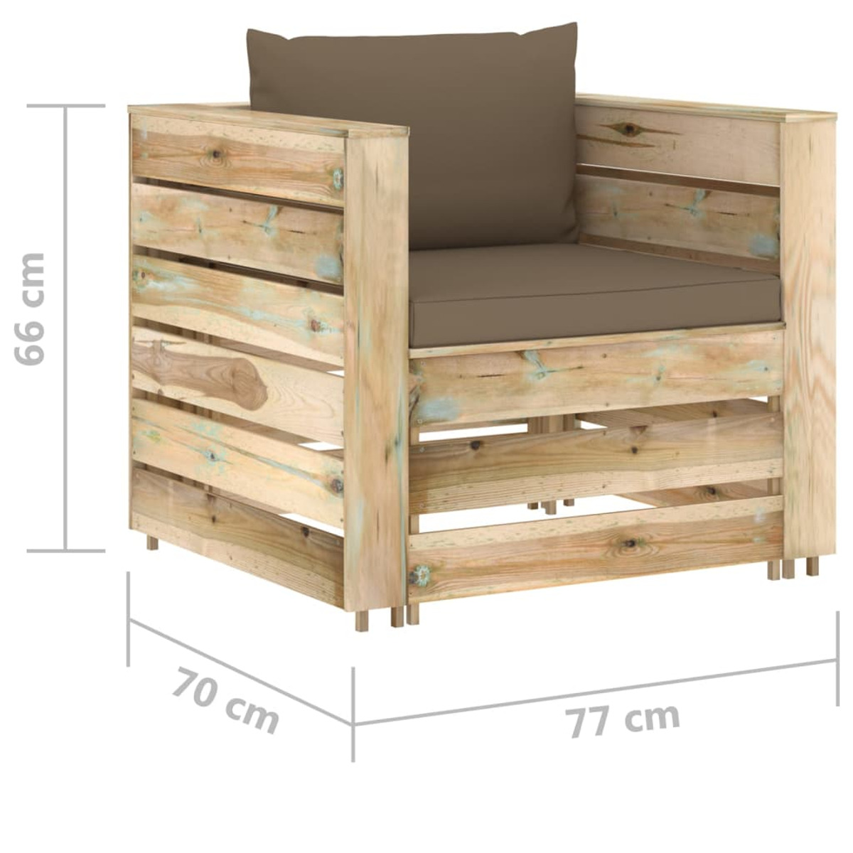 Poltrona in legno con cuscino marrone, dimensioni in cm.