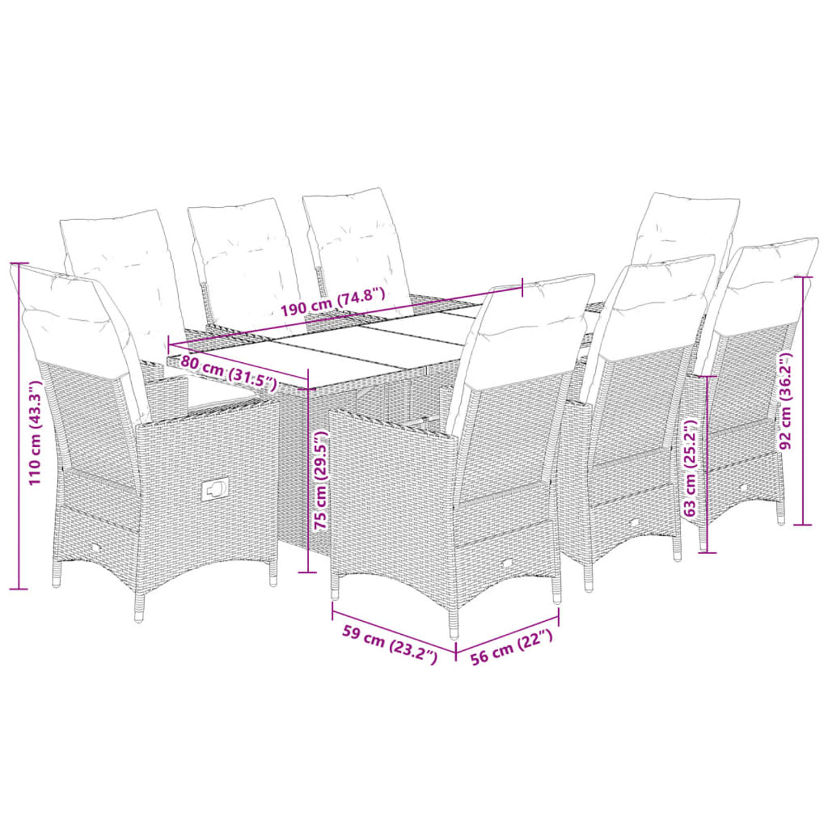 Set da pranzo per esterni con tavolo e sedie. Dimensioni indicate.