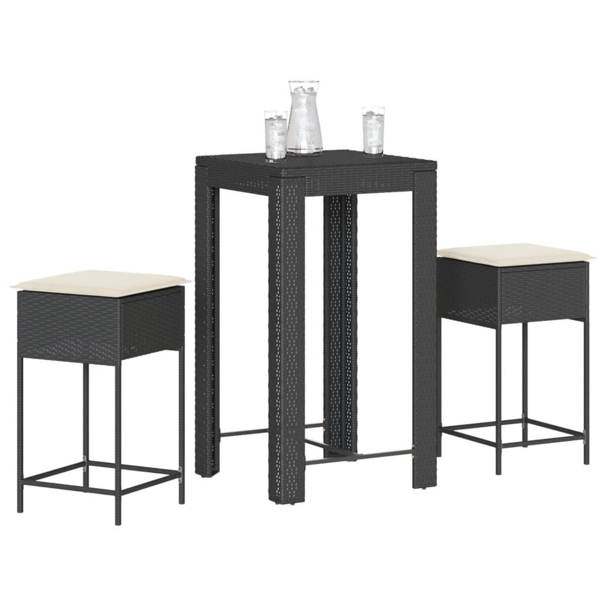 Un set da bar nero da esterno con tavolo e due sgabelli, compresi bicchieri e una caraffa d'acqua.