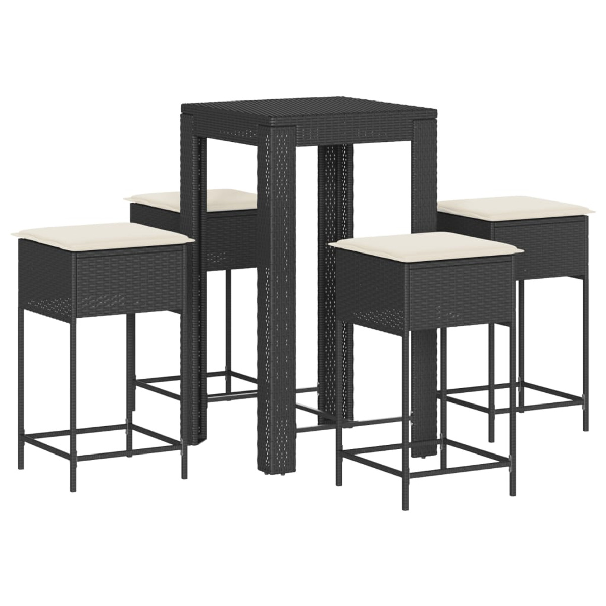 Tavolo da bar nero intrecciato e quattro sgabelli con cuscini beige.