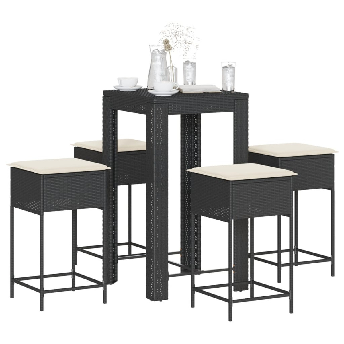 Set bar nero da esterno con cuscini beige. Include un tavolo e quattro sgabelli.