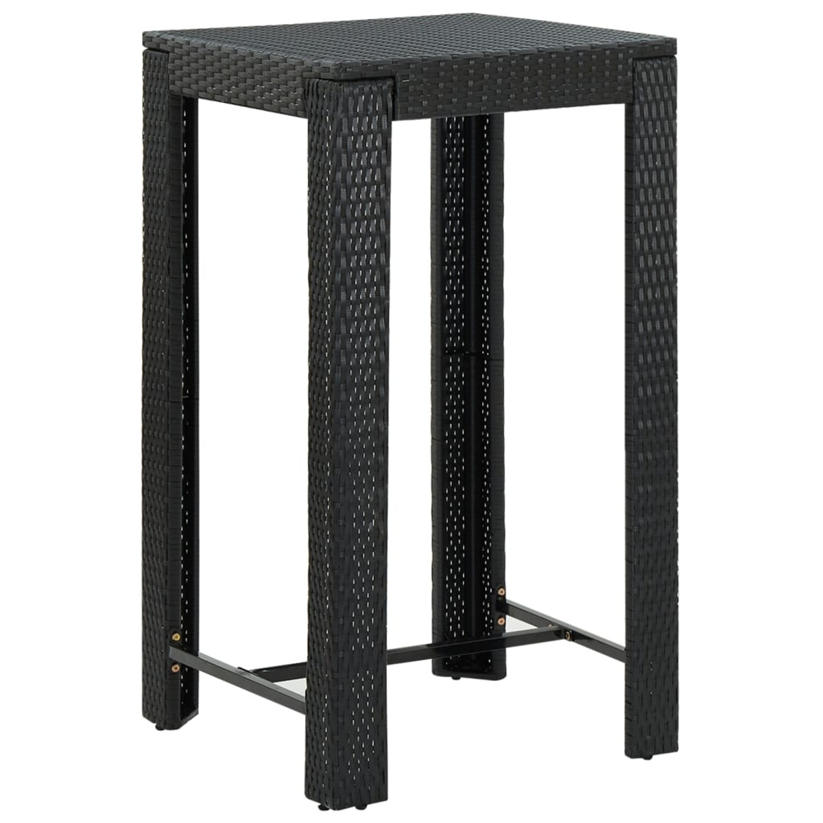 Un tavolo nero in stile vimini per esterni su sfondo bianco. Ha un piano quadrato e quattro gambe.