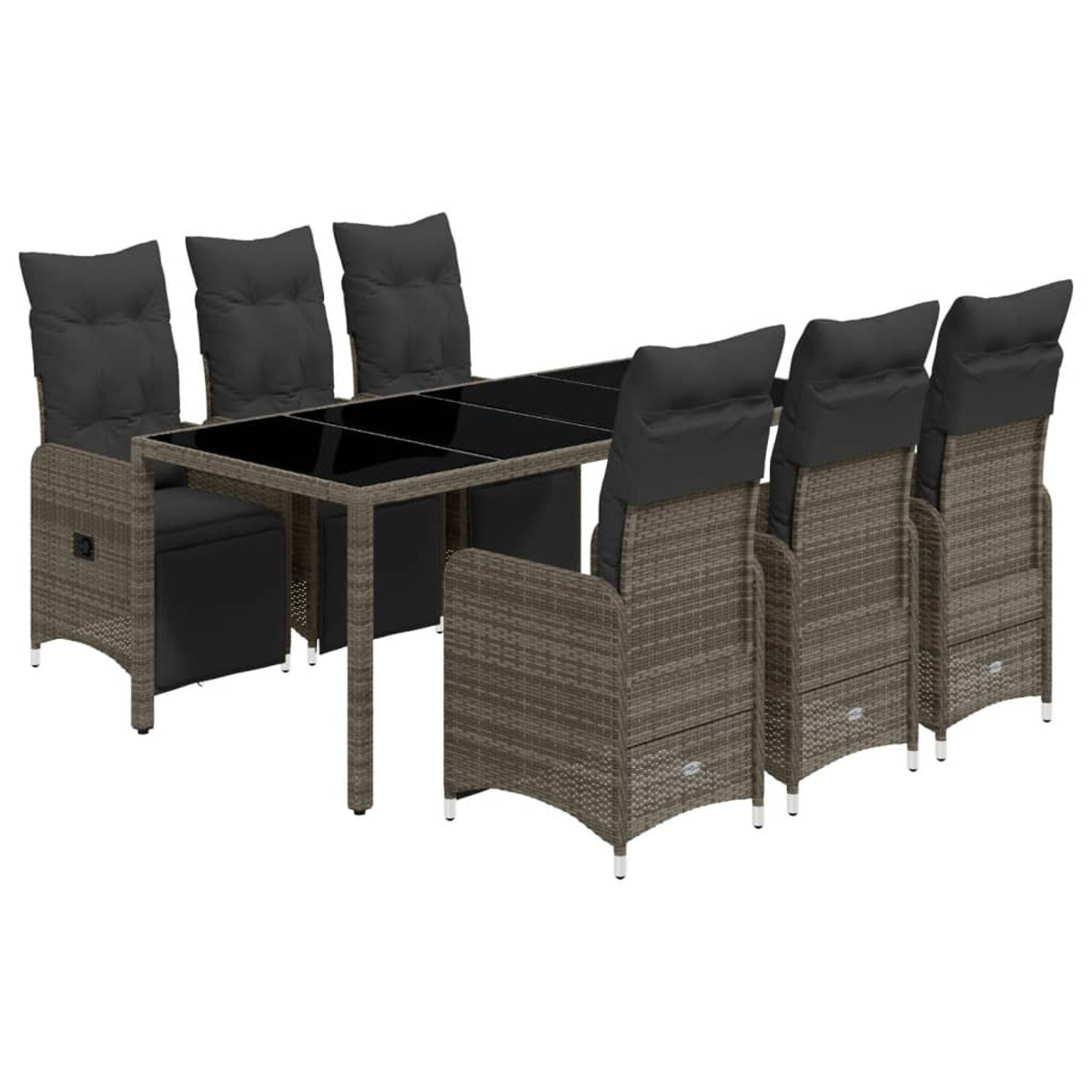 Set da pranzo per esterni con sei sedie in vimini e tavolo con piano in vetro. Sedie con cuscini neri.