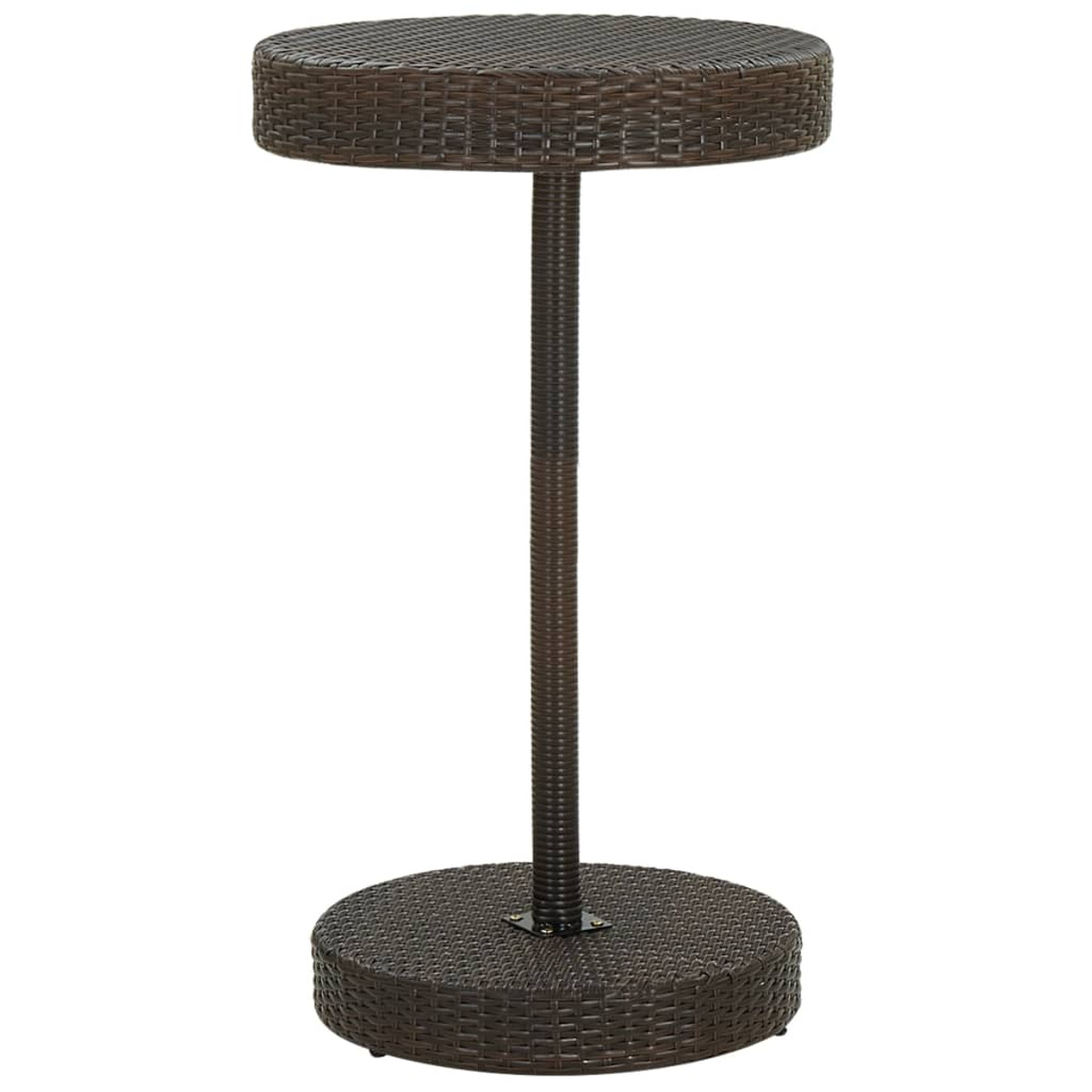 Un tavolino alto marrone, in stile vimini, con piano e base rotondi.