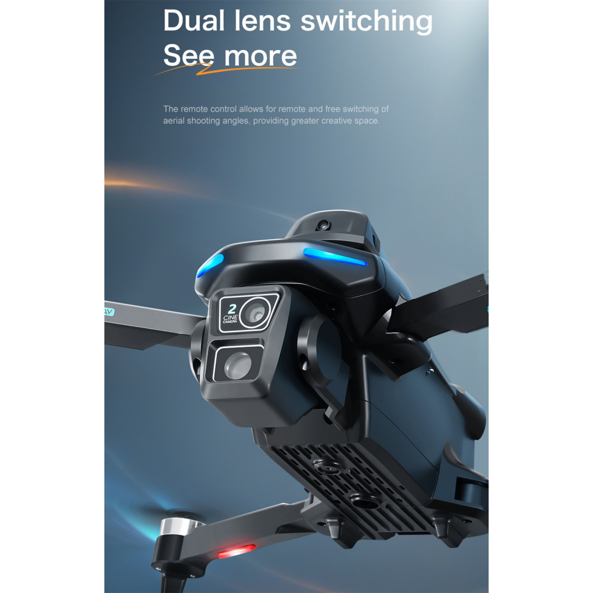 Eine Drohne in der Luft mit den Worten 'Dual lens switching See more'.