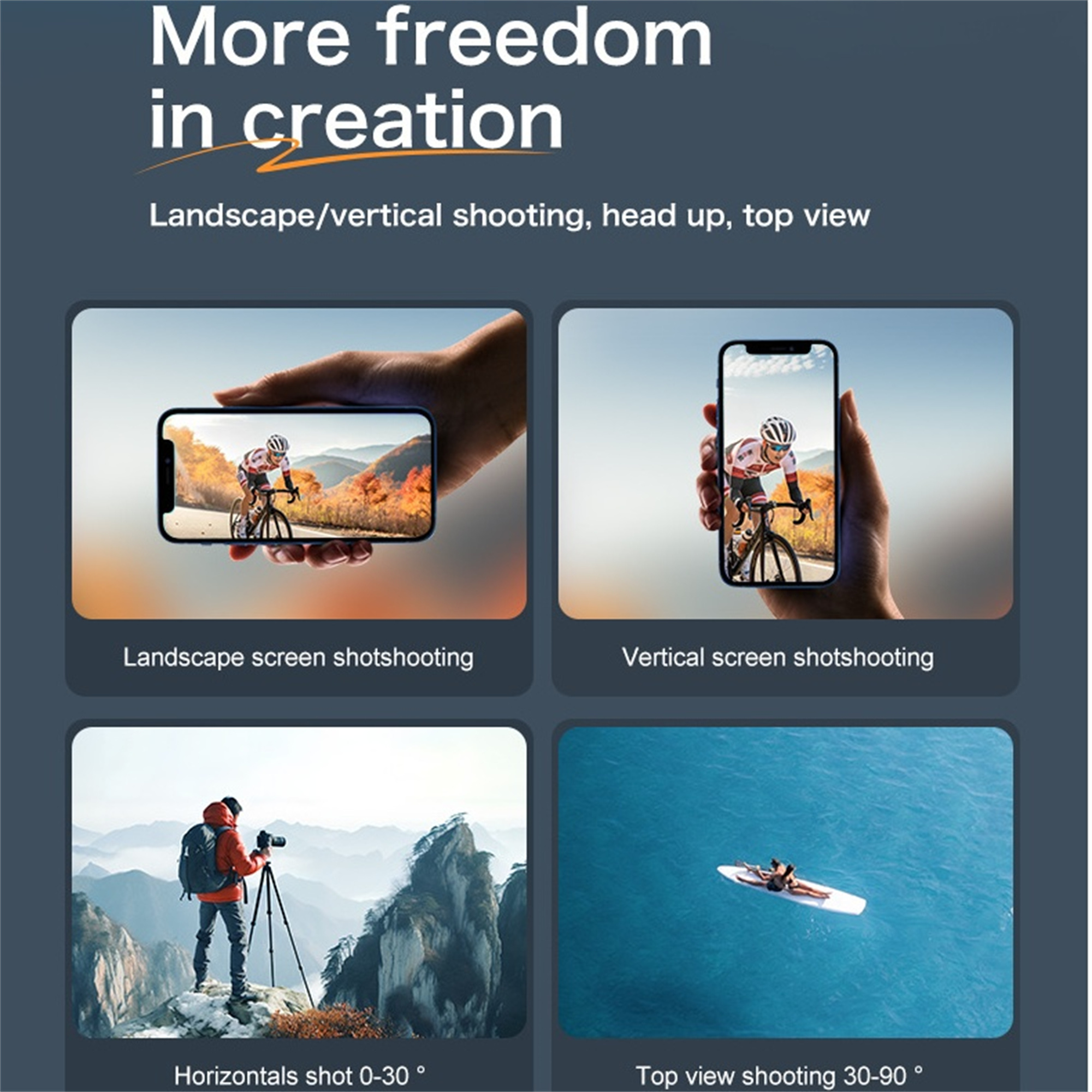Vier Aufnahmen, die Landschafts-/Vertikalaufnahmen mit einem Telefon zeigen: Landschaft, vertikal, horizontale Aufnahme und Draufsicht.