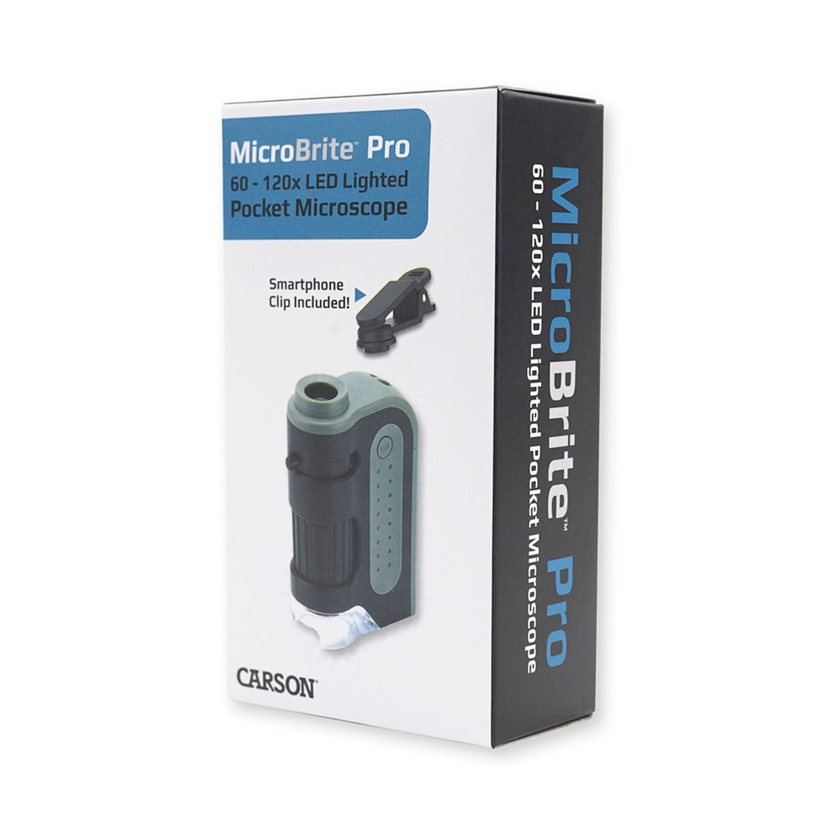 Box-Mikroskop mit Smartphone-Clip. Text auf der Box: MicroBrite Pro.