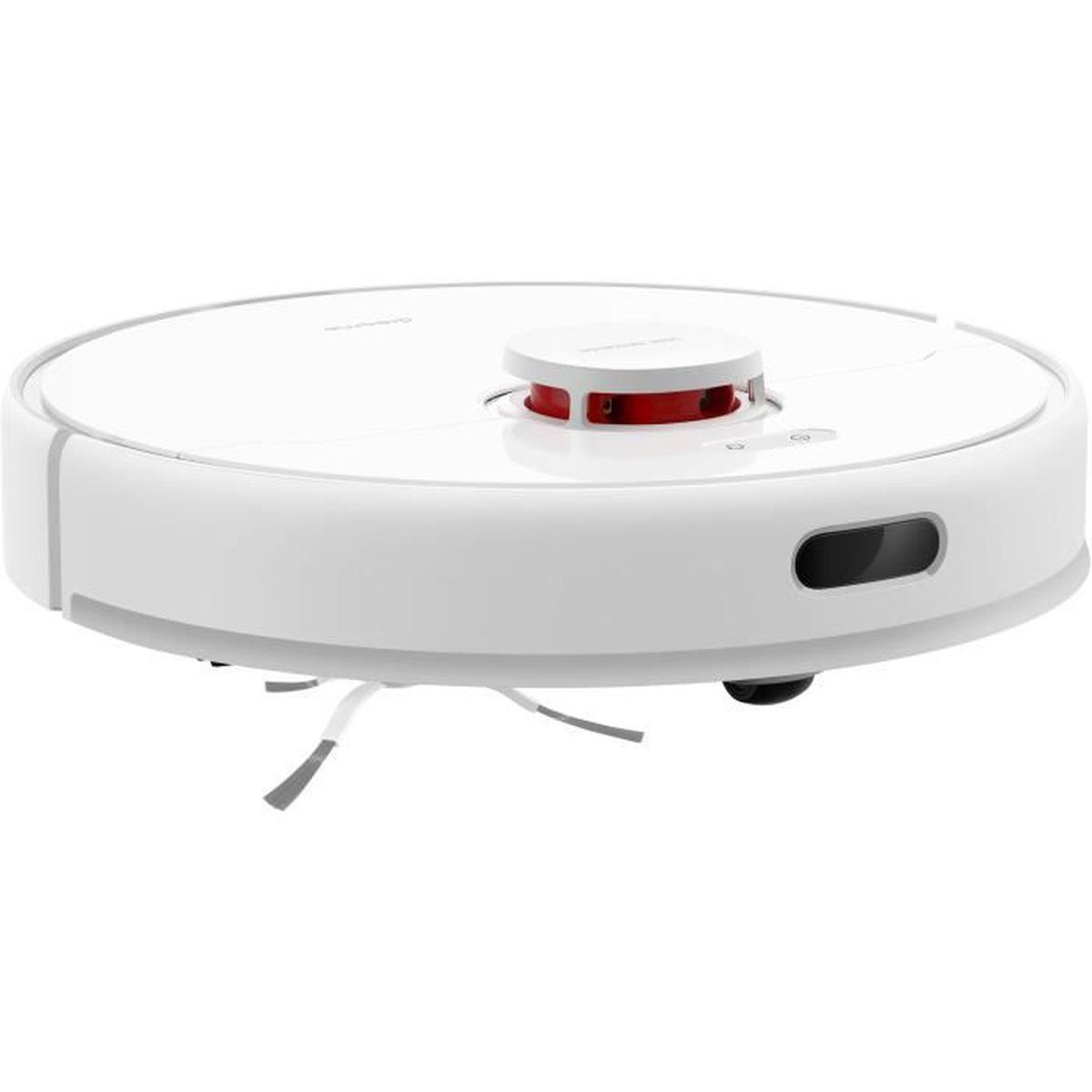 Biały robot sprzątający z czerwonym blatem i szczotkami.