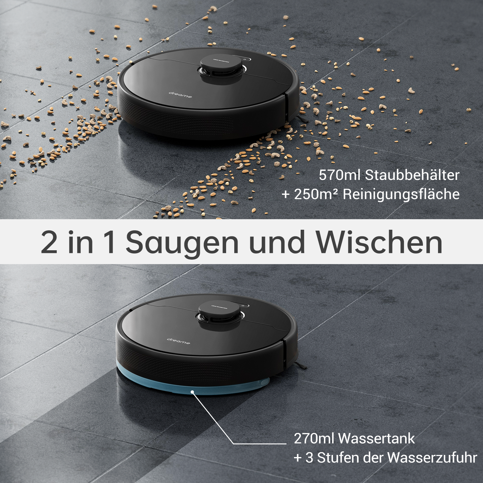 Pokazano dwa czarne roboty odkurzające. Jeden sprząta, drugi jest na górze z etykietami tekstowymi.