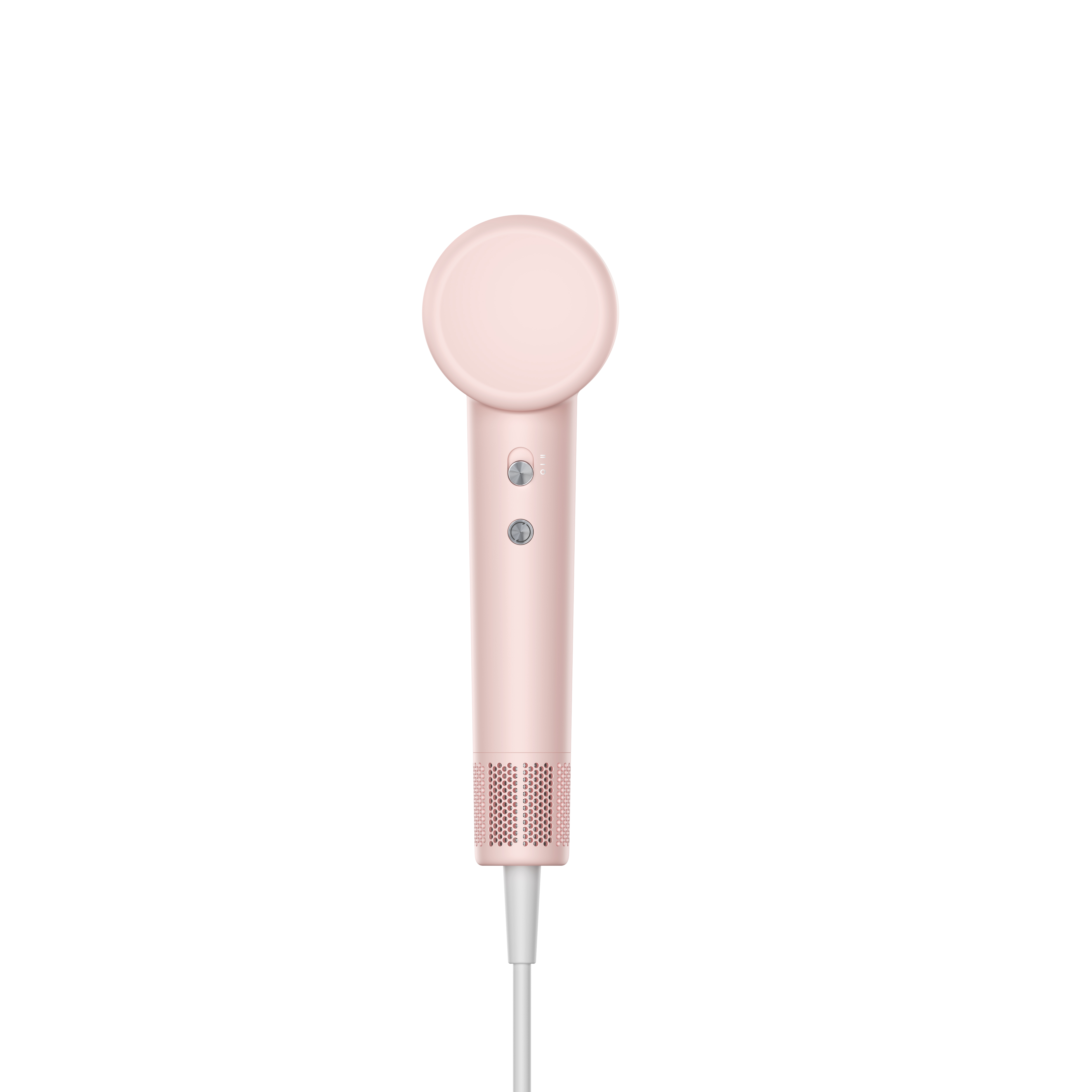 Różowa suszarka do włosów z okrągłą głowicą i uchwytem, na białym tle. Ma dwa przyciski.