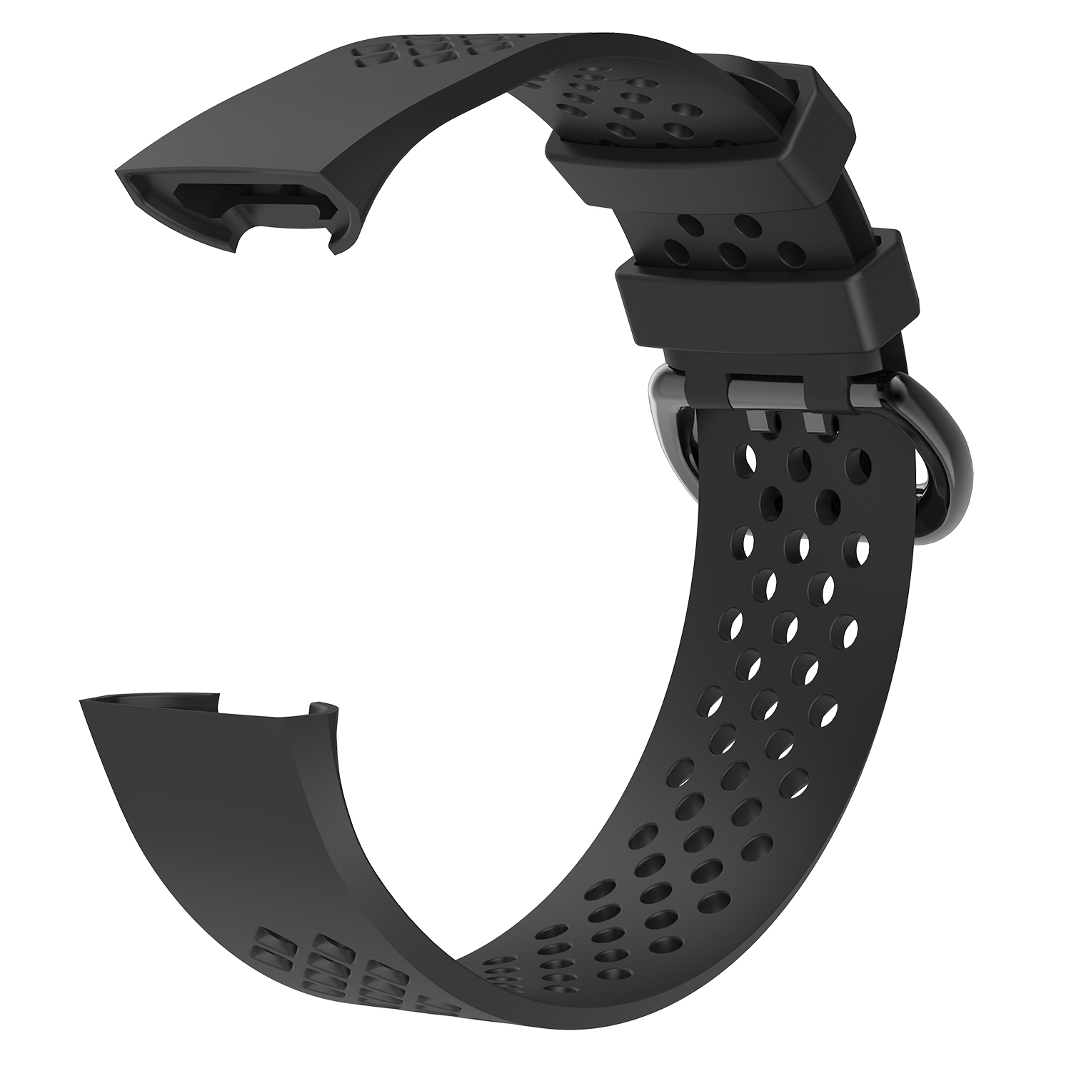 Bracelet de montre noir, design incurvé, trous et fermoir métallique.