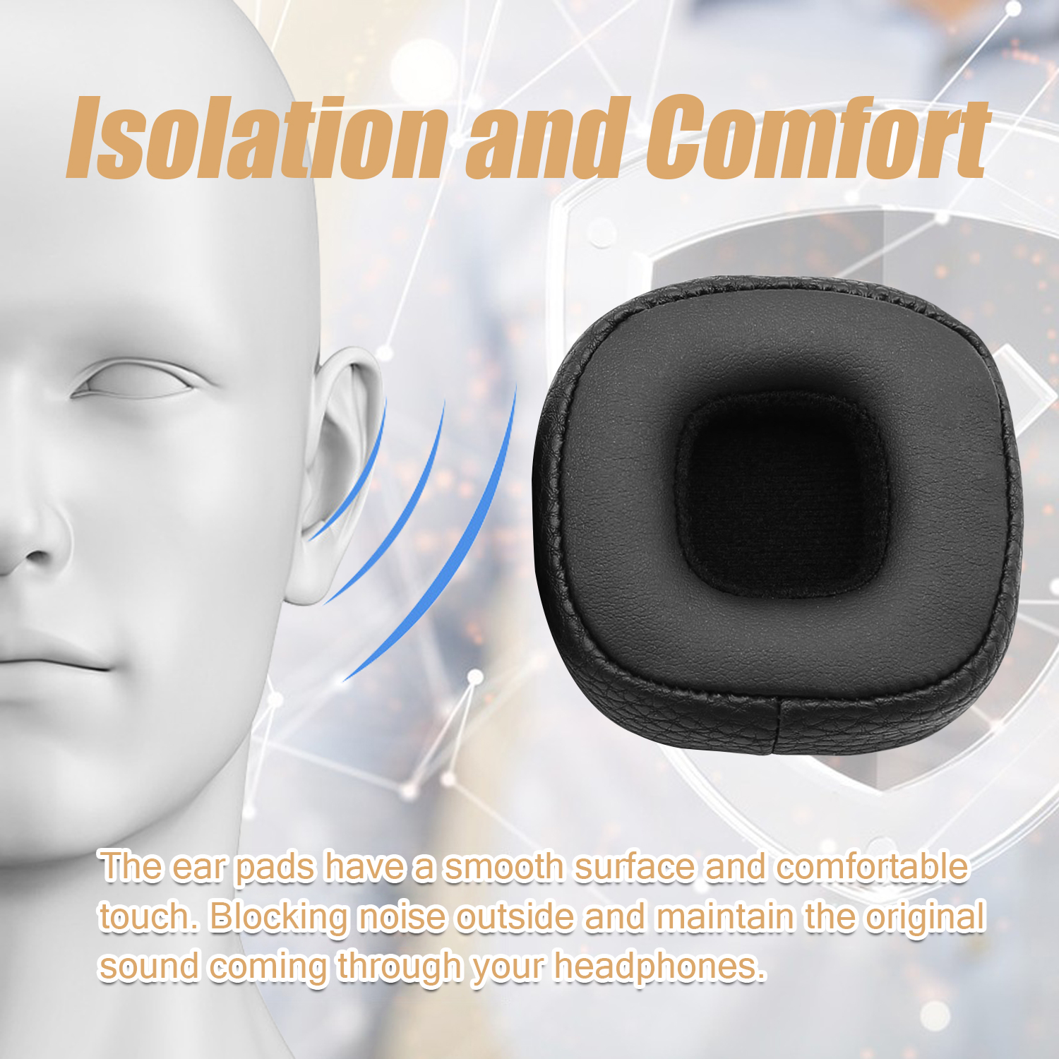 Zbliżenie na wkładkę do słuchawek i głowę z niebieskimi falami światła. Tekst: Izolacja i komfort.