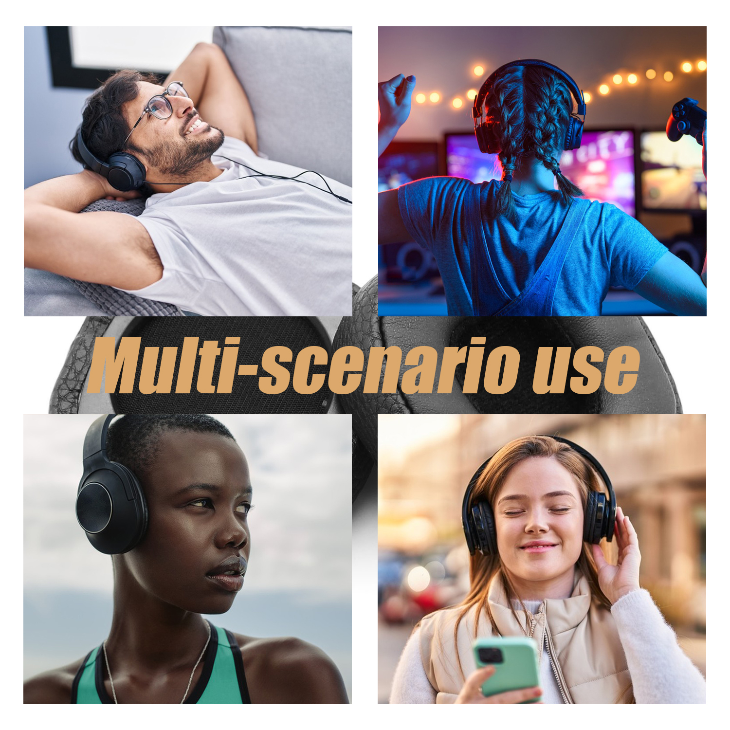 Cztery obrazy: Ludzie w słuchawkach, z tekstem 'Użycie w wielu scenariuszach'.