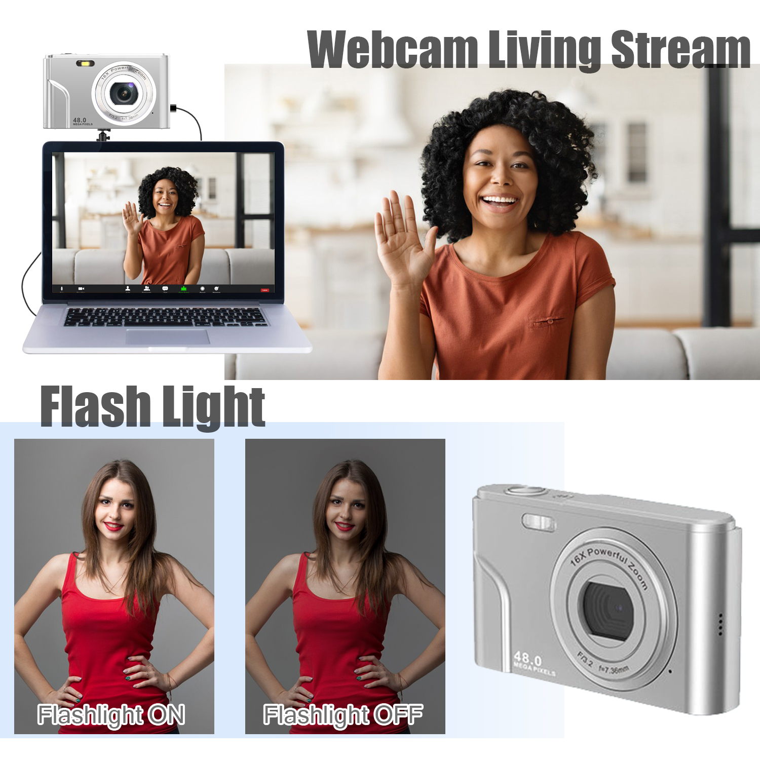 Kobieta macha do kamery internetowej laptopa. Dwa obrazy pokazują lampę błyskową włączoną i wyłączoną.