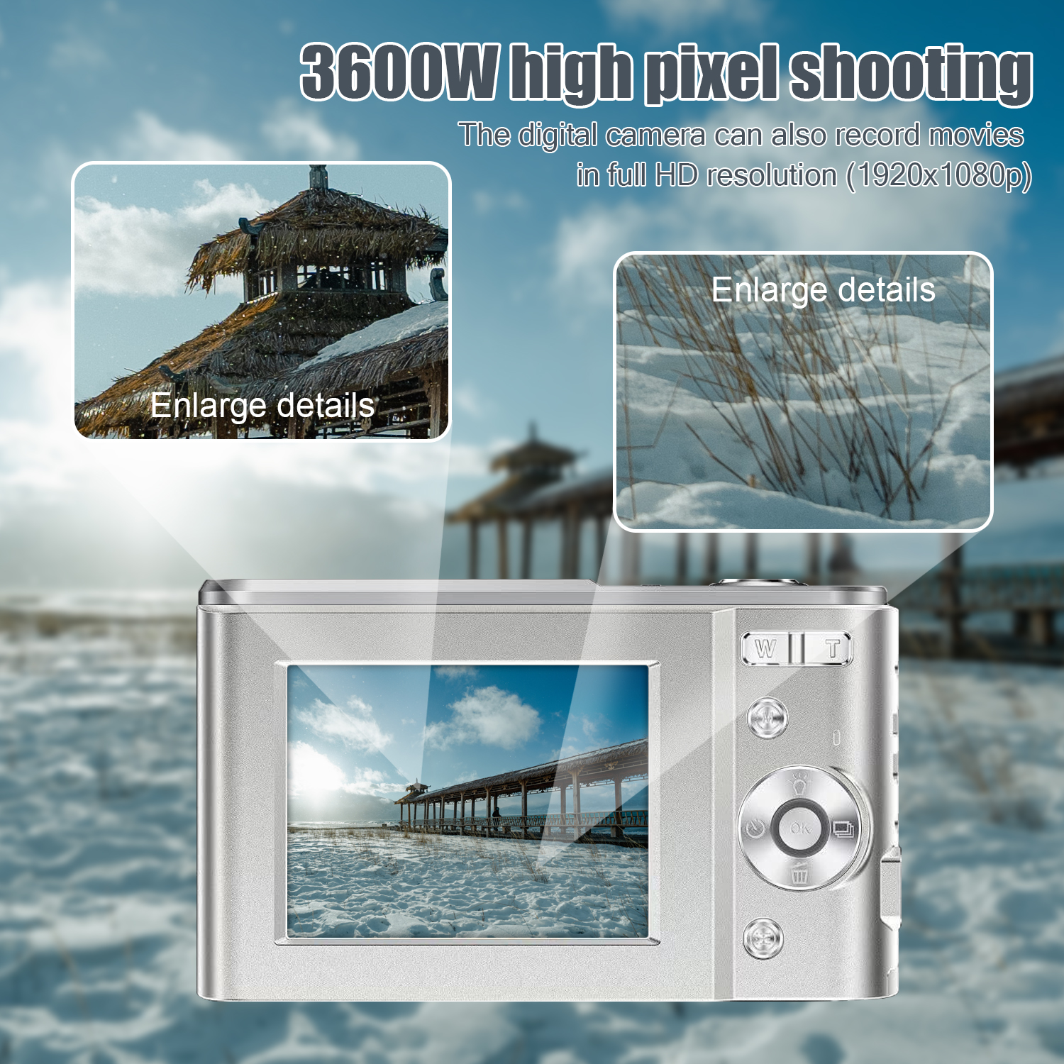 Srebrny aparat z ekranem. Ekran pokazuje słoneczną scenę na plaży. Dwa powiększone obrazy.