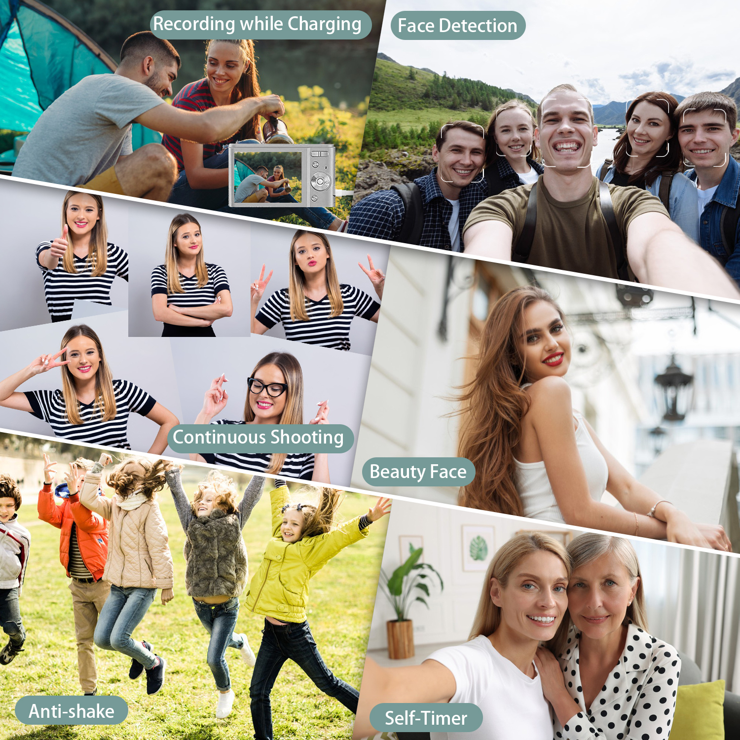 Różne zdjęcia osób robiących zdjęcia, demonstrujące funkcje aparatu.