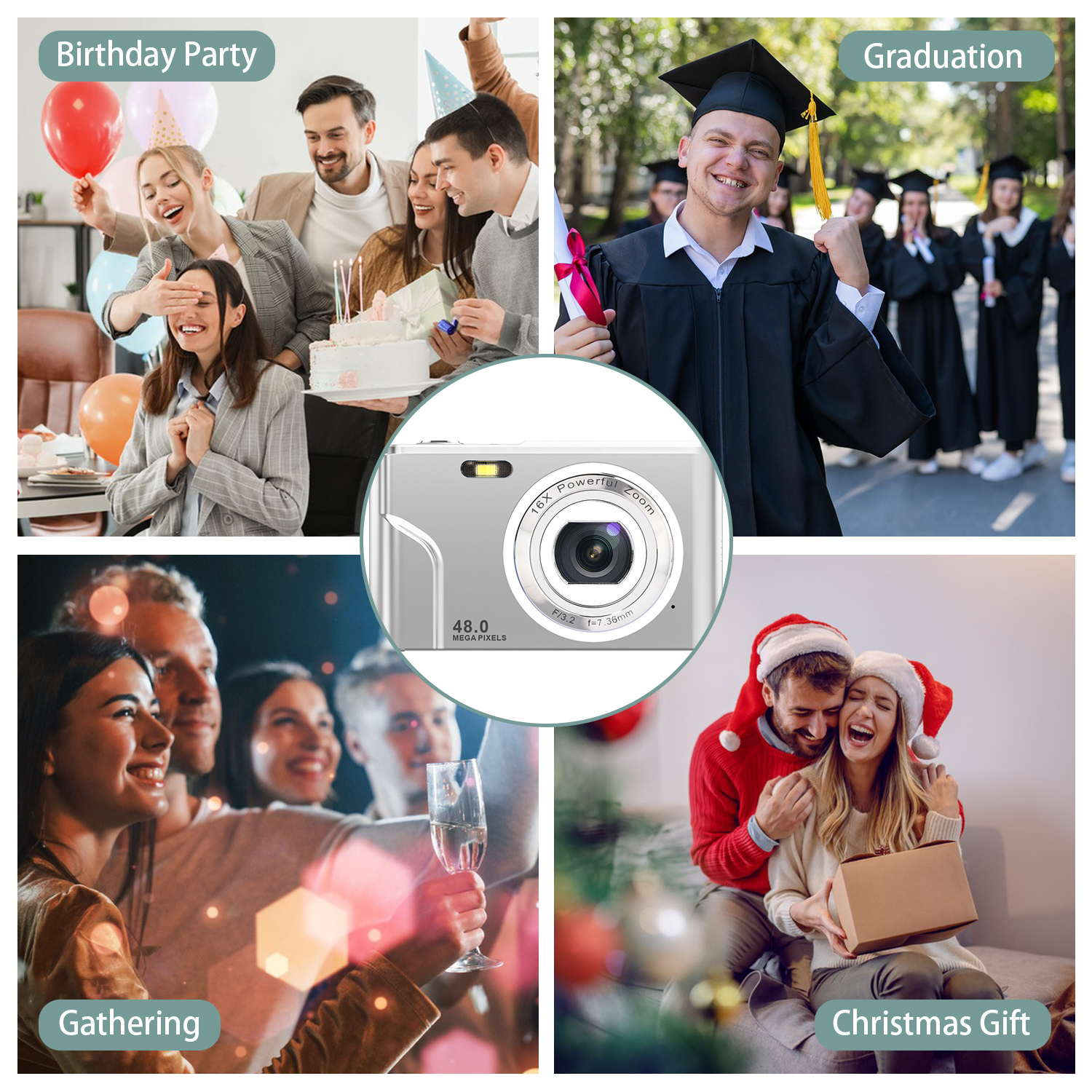Cztery zdjęcia: urodziny, ukończenie szkoły, spotkanie i Boże Narodzenie. Aparat jest na środku.
