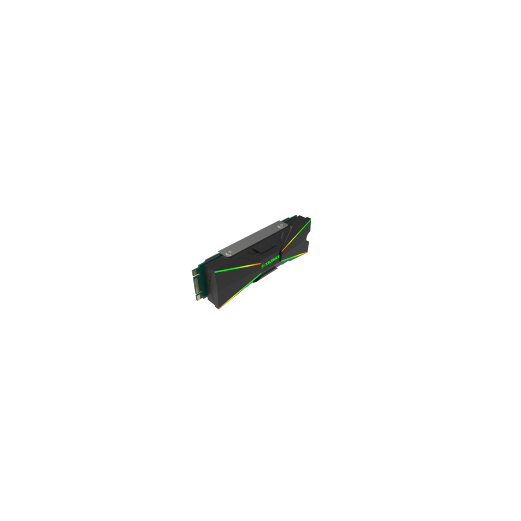 Zwart en groen computeronderdeel. Witte achtergrond.