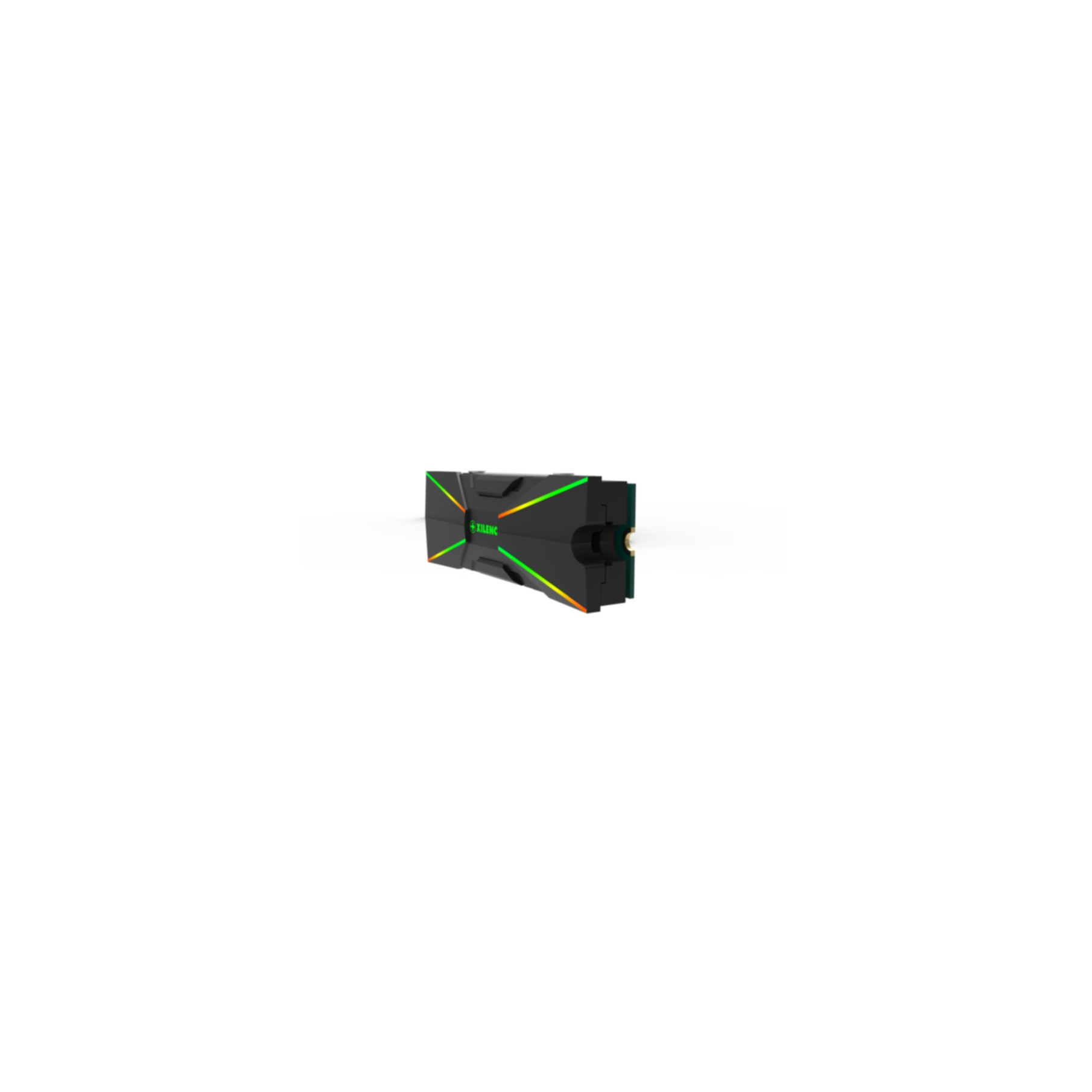 Zwarte en groene computer grafische kaart op een witte achtergrond.