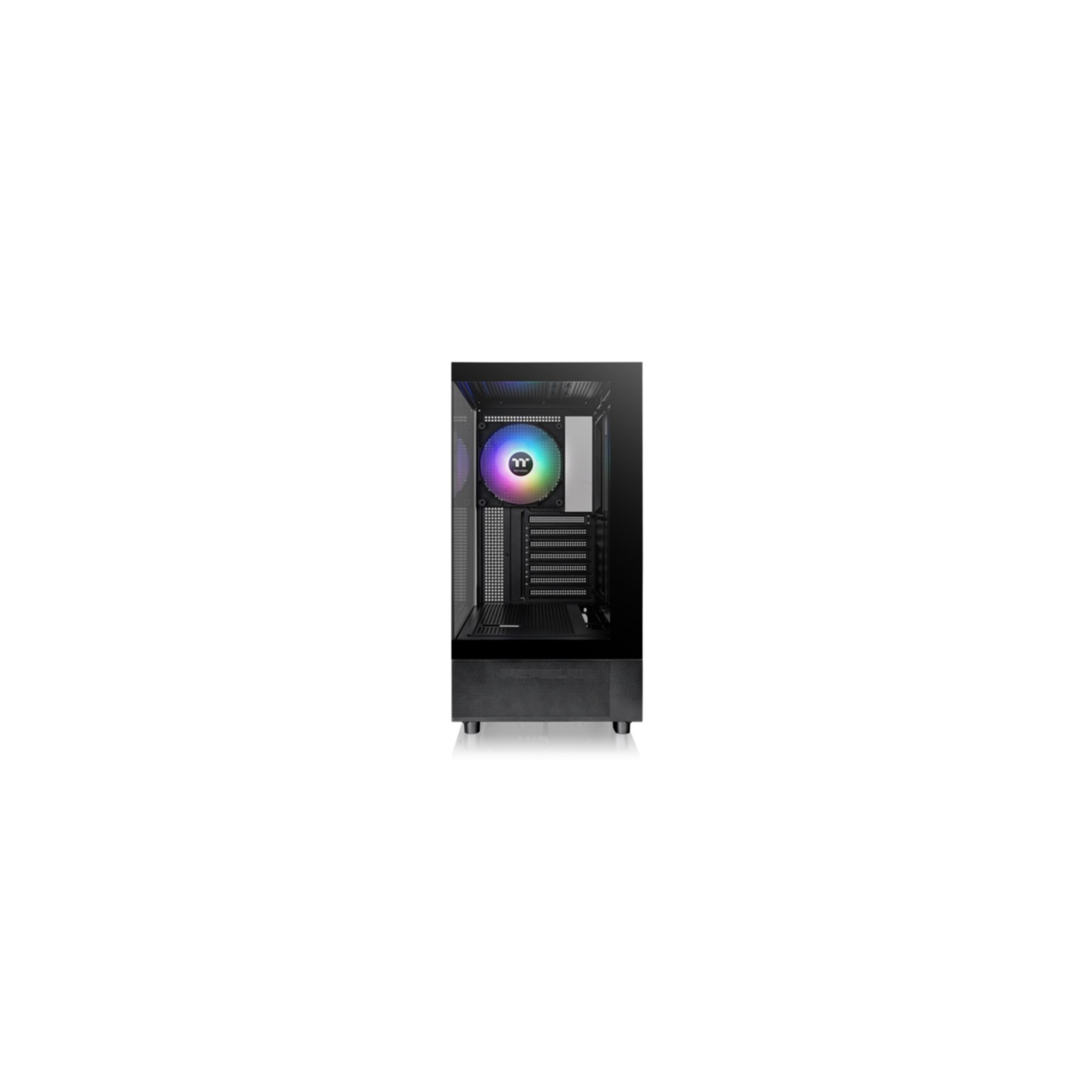 Un case per computer nero con un pannello laterale trasparente, che rivela una ventola illuminata ad arcobaleno.