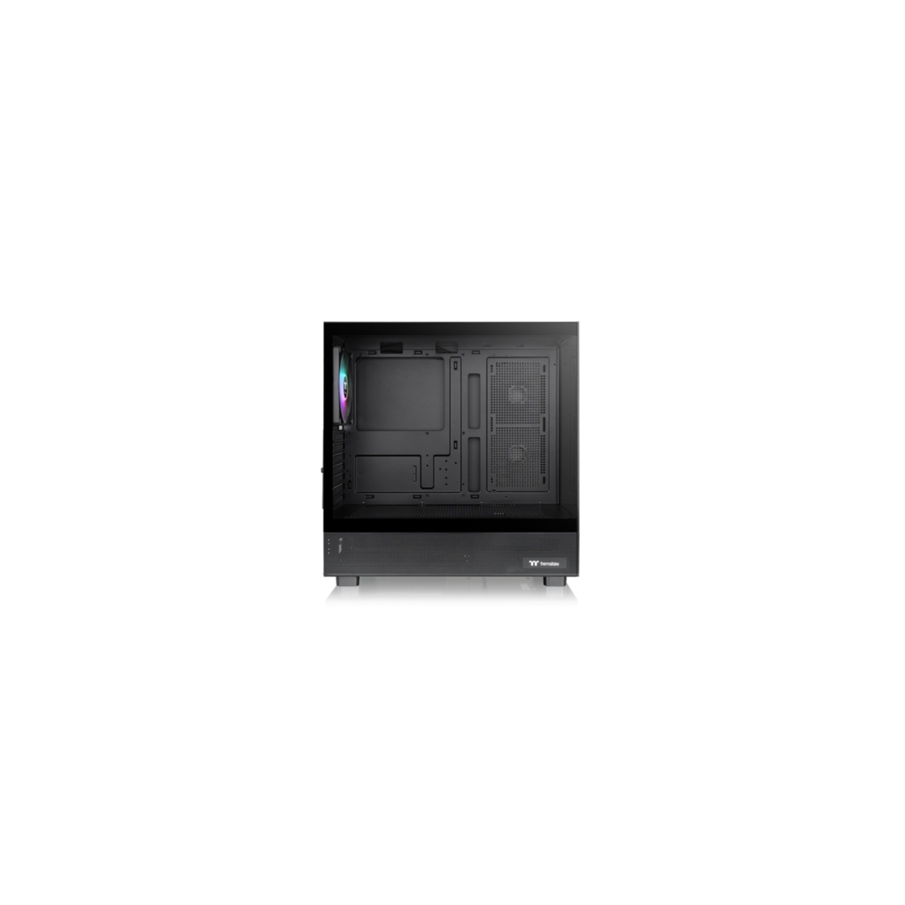 Case nero per computer con pannello laterale trasparente, che mostra i componenti interni.