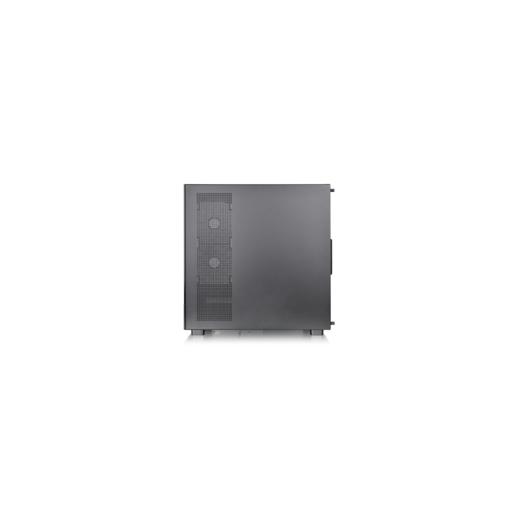 Case per computer con un lato grigio scuro. Ha fori di ventilazione e un pannello laterale trasparente.