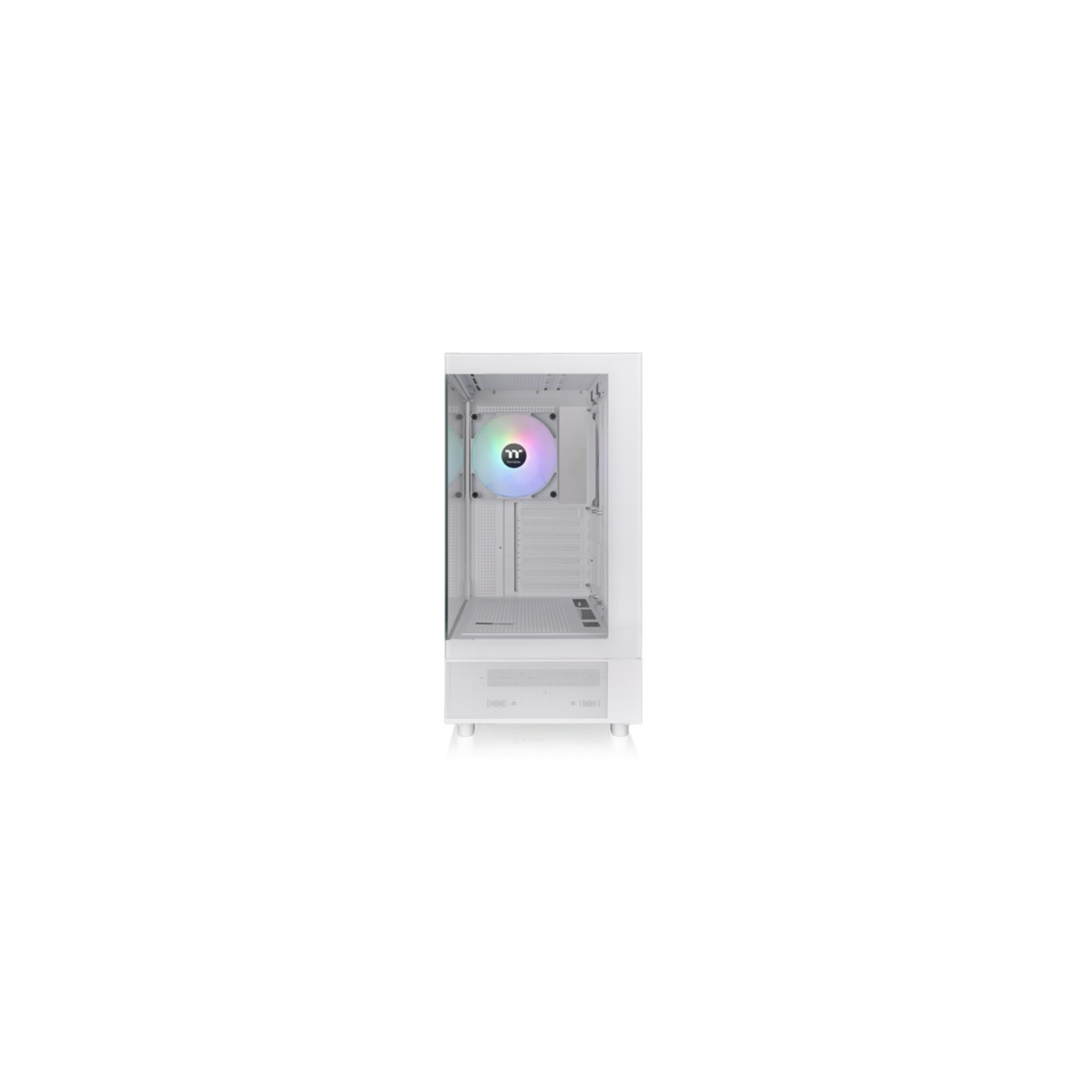 White computer case with a lit fan inside, on a white background.