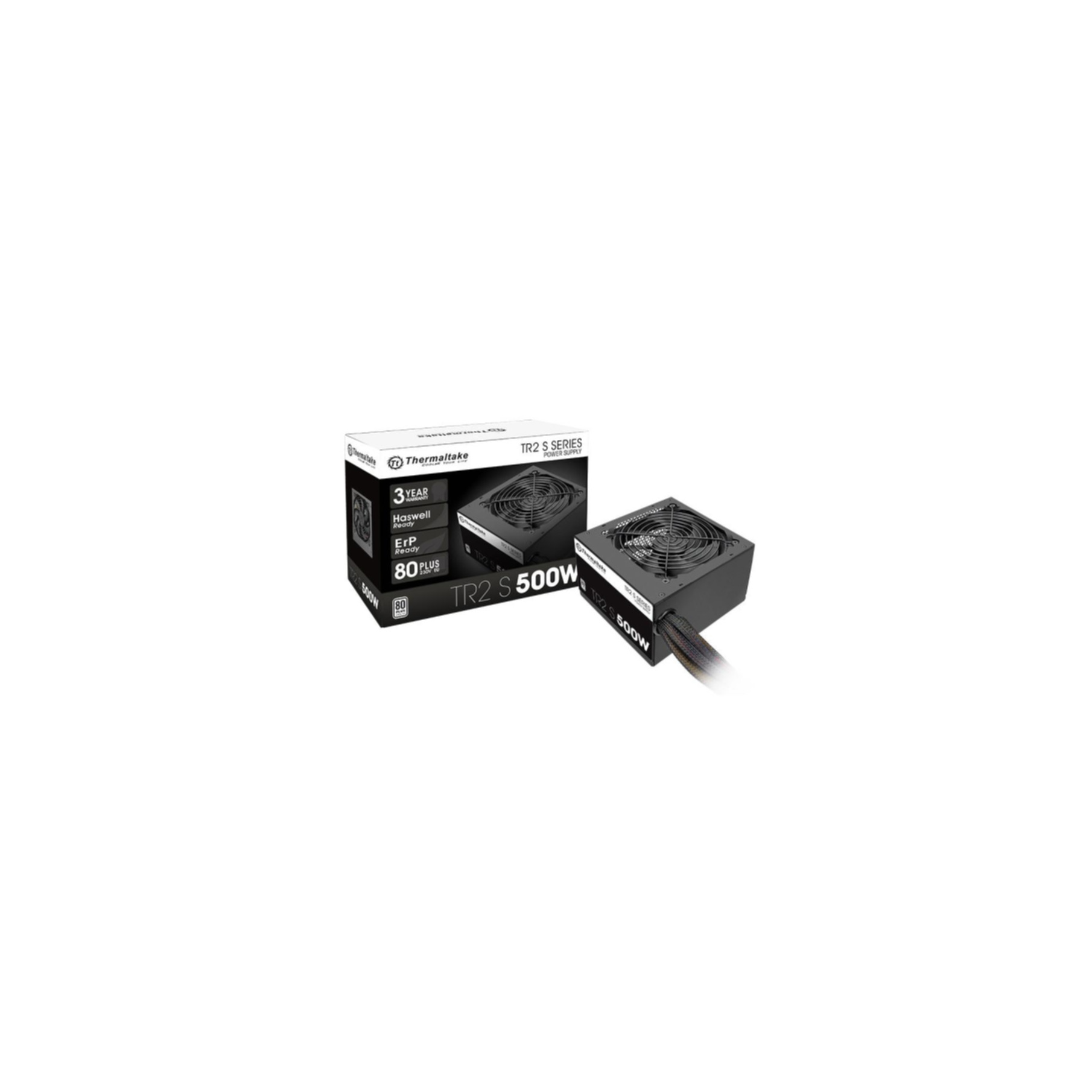 Ein schwarzes Netzteil in einer Box mit Text und Lüfter, für den Computergebrauch.