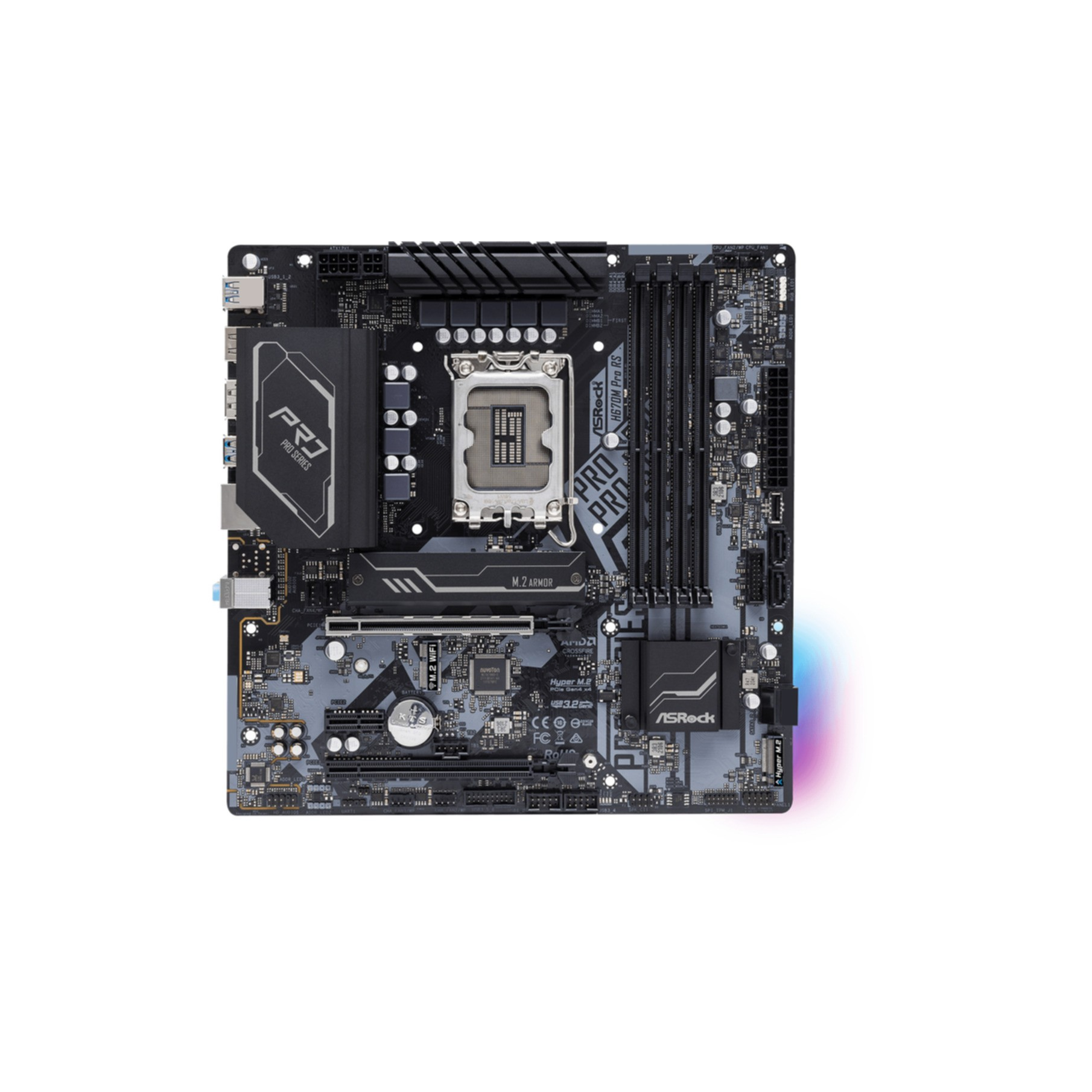 Widok z góry na płytę główną komputera na białym tle, pokazujący komponenty.