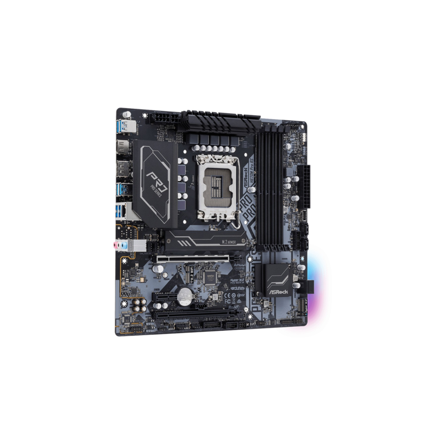 Czarna i szara płyta główna komputera. Tło jest białe.