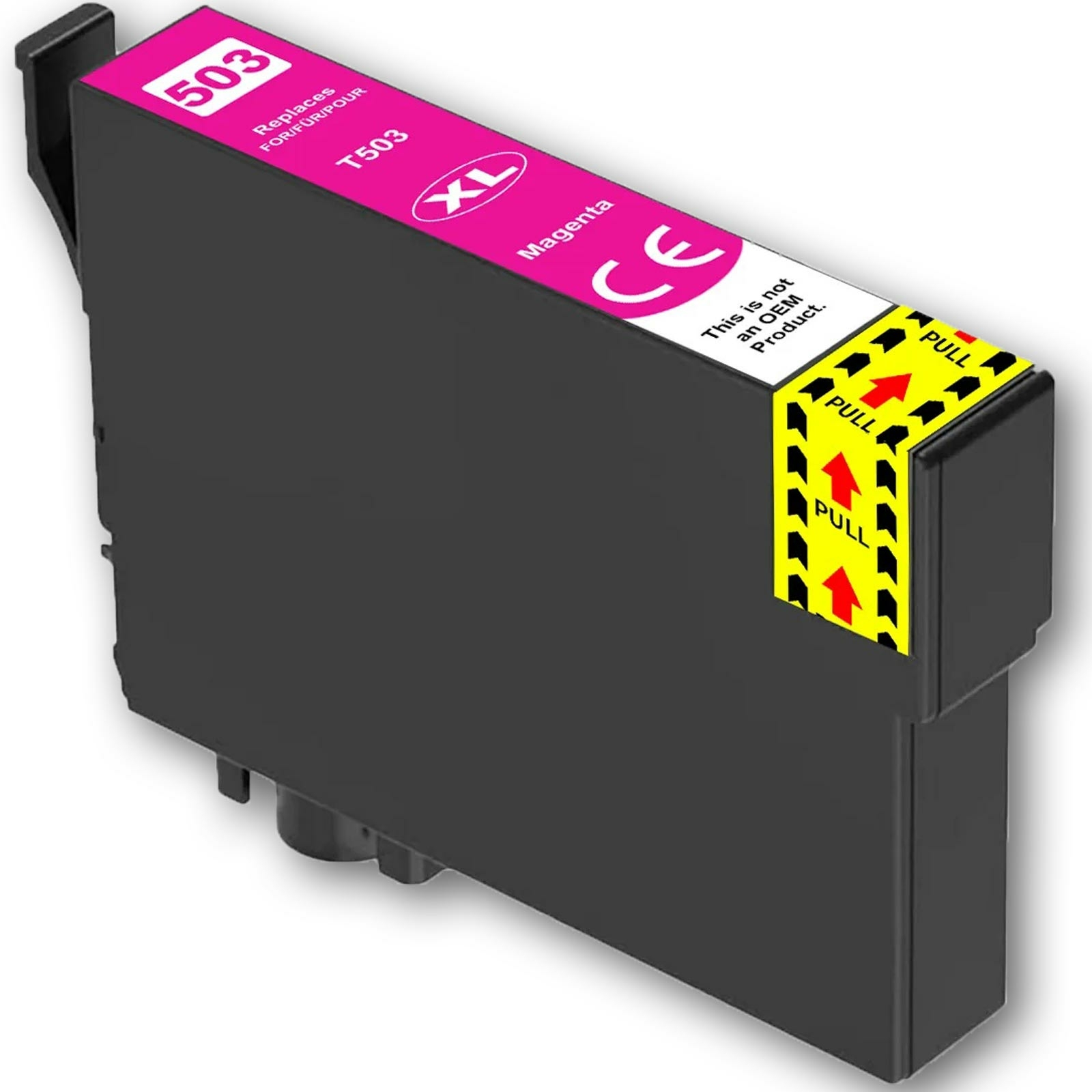 Schwarze Tintenpatrone mit magentafarbenem Etikett. Gelbe Zuglaschen.