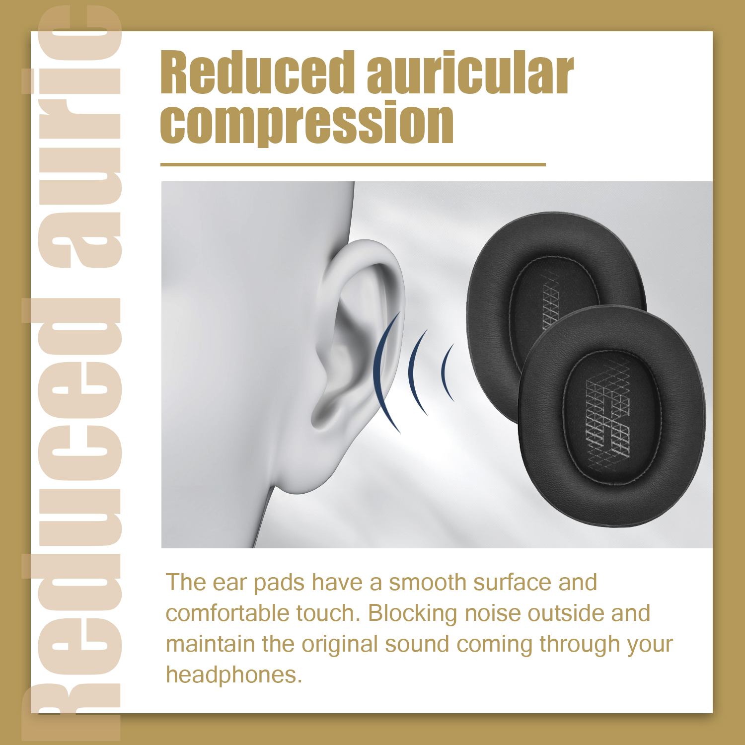 Obrazek pokazujący nauszniki, podkreślający redukcję szumów i gładką powierzchnię słuchawek.