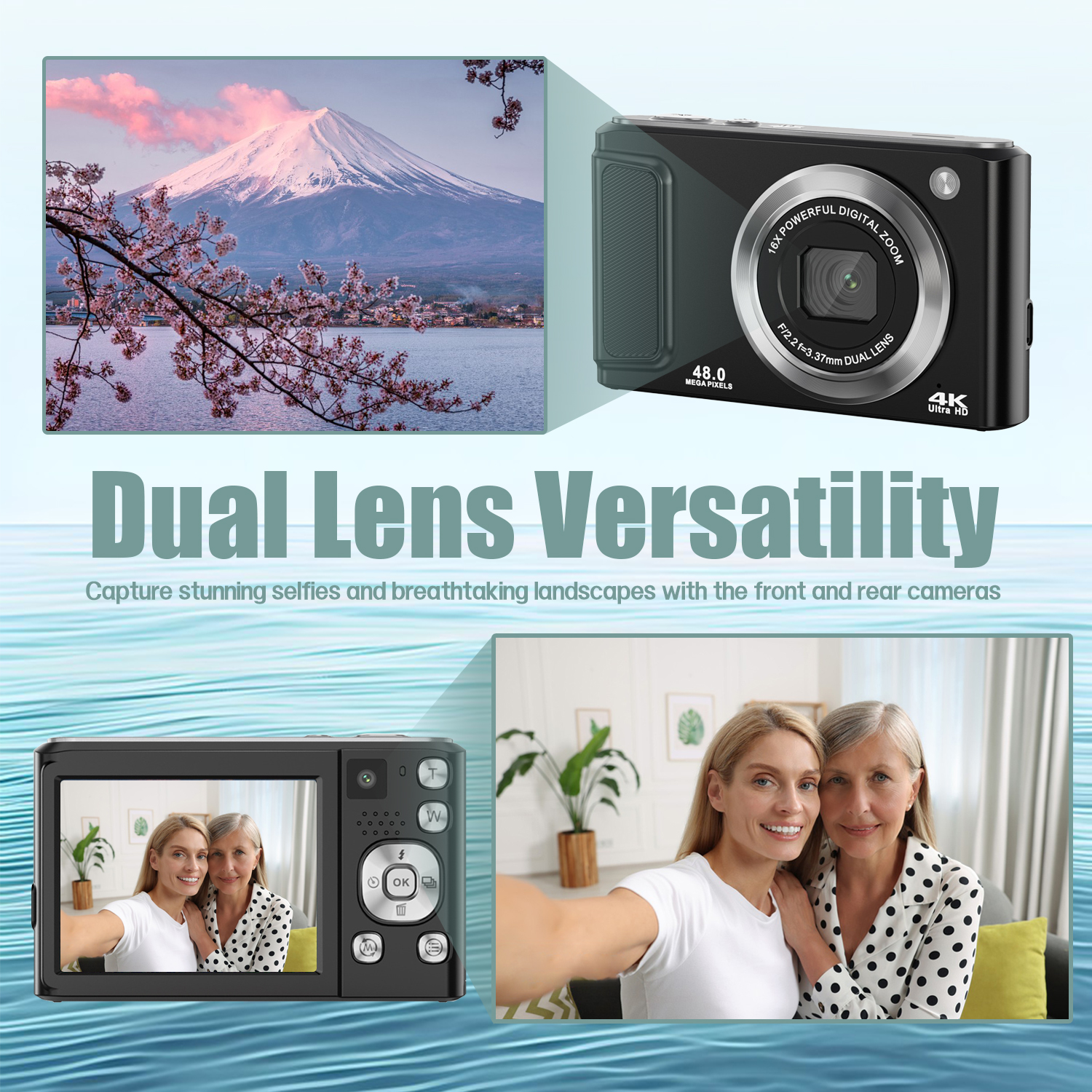 Aparat cyfrowy z górskim krajobrazem i dwiema kobietami robiącymi selfie. Tekst: 'Wszechstronność podwójnego obiektywu'.