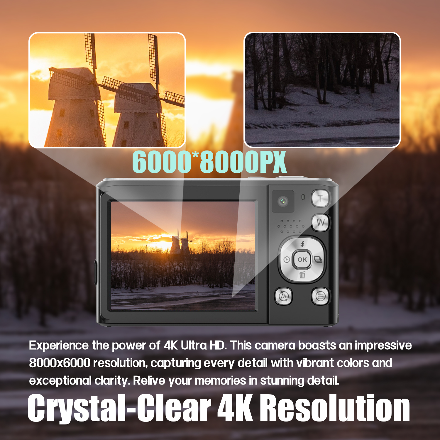 Czarny aparat wyświetlający zachód słońca. Tekst: Rozdzielczość 4K. Dwa wiatraki w kadrze.