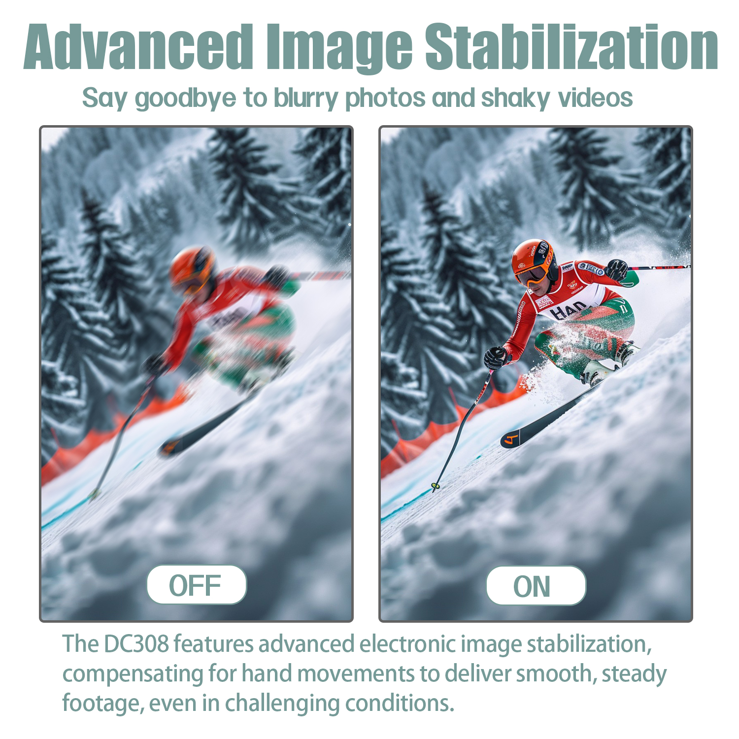 Porównanie stabilizacji obrazu. Lewy rozmyty narciarz, prawy wyraźny. Tekst: Stabilizacja obrazu.