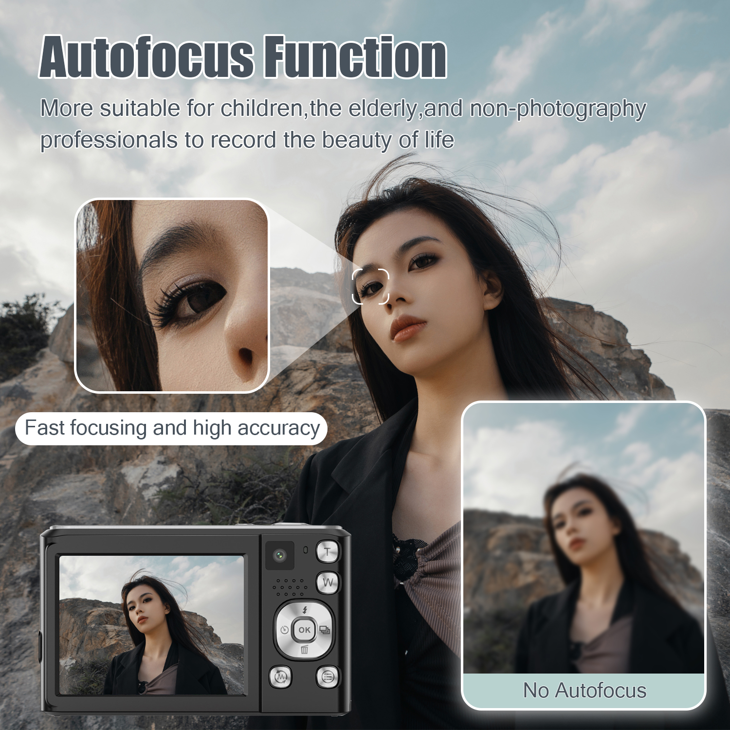 Kobieta z aparatem, autofokus, zdjęcie oka w zbliżeniu.