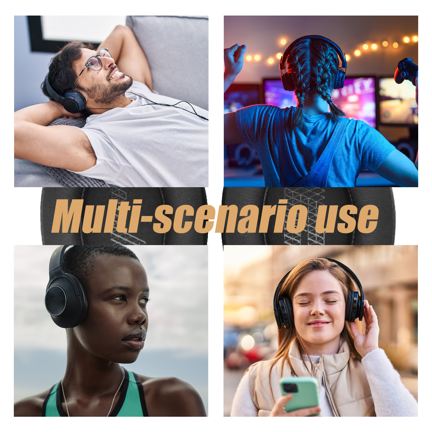 Cztery obrazy przedstawiają osoby korzystające ze słuchawek w różnych scenariuszach, z nakładką tekstową.
