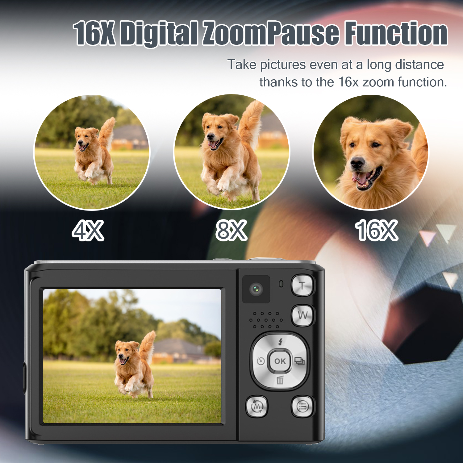 Aparat cyfrowy i obrazy pokazujące poziomy zoomu psa biegnącego po trawie.