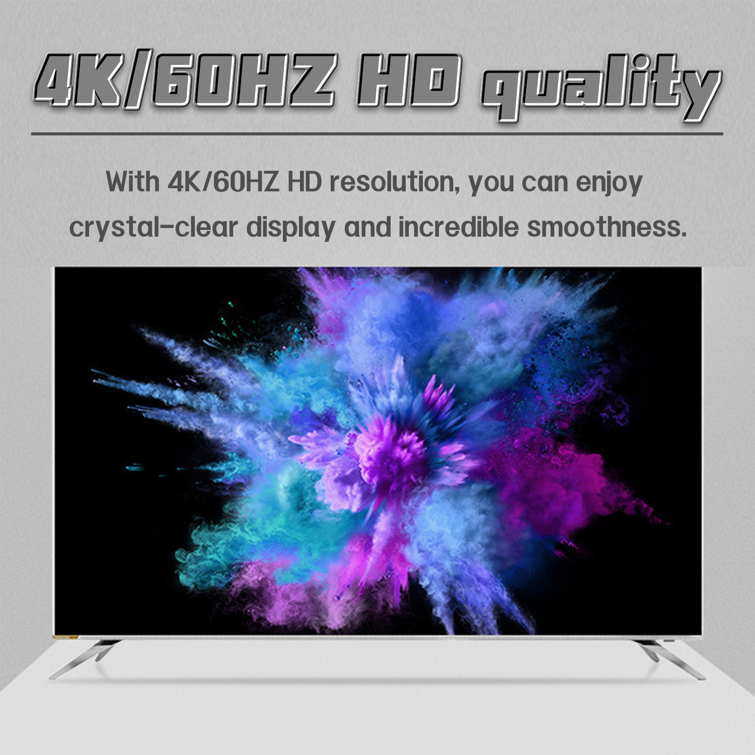 Ein Fernsehbildschirm zeigt eine farbenfrohe Explosion mit Text. Text: 4K/60HZ HD Qualität.