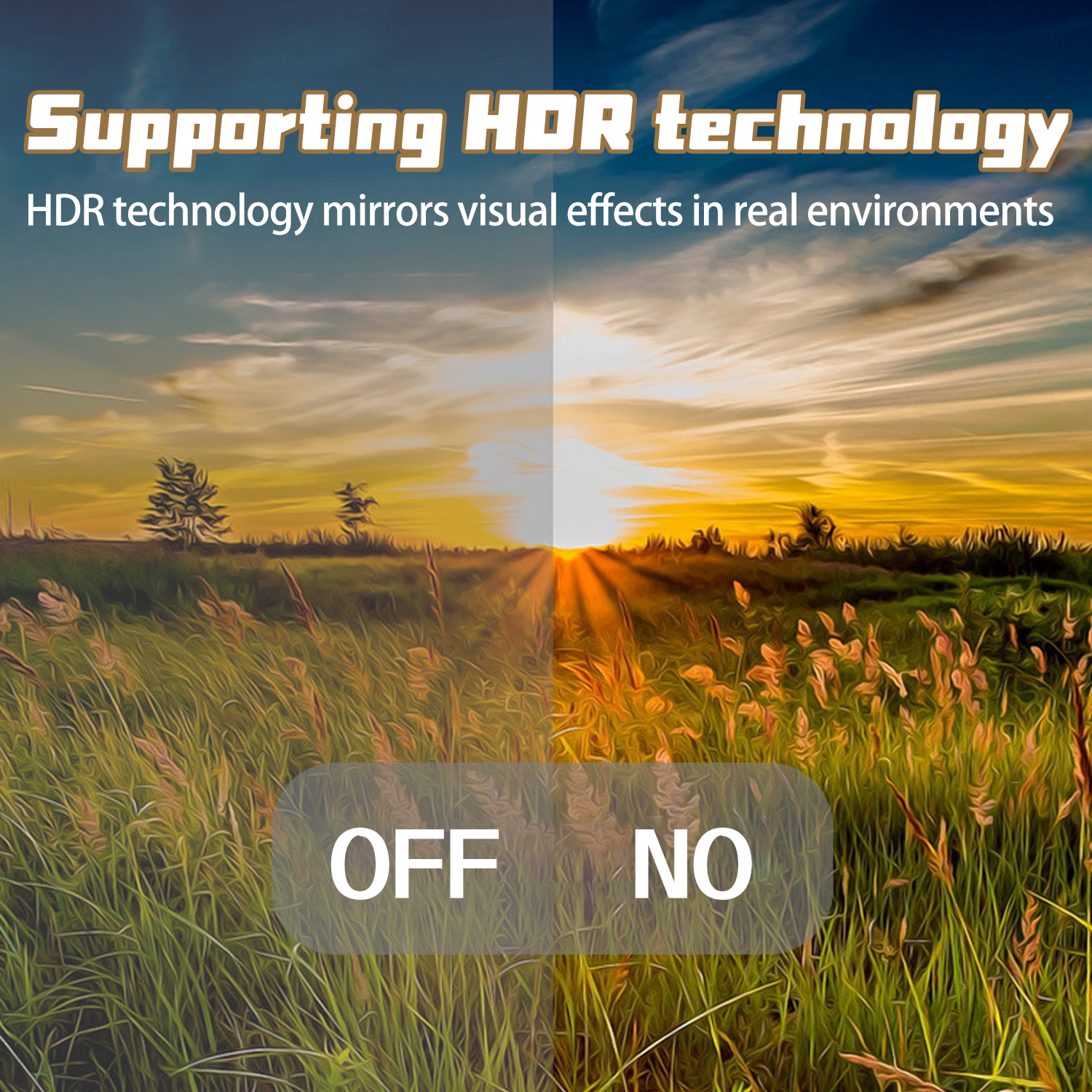 Bild zeigt HDR-Technologie. Die rechte Seite ist heller als die linke. Text sagt: HDR-Technologie.