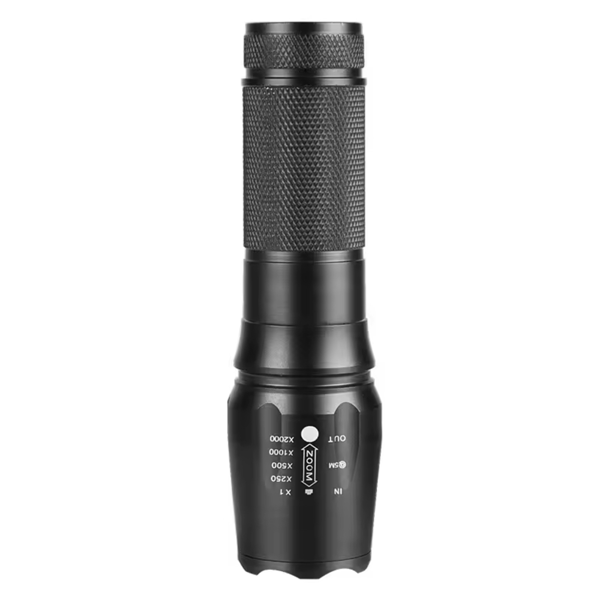 Eine schwarze Taschenlampe mit Zoomfunktion und verschiedenen Einstellungen wird gezeigt.